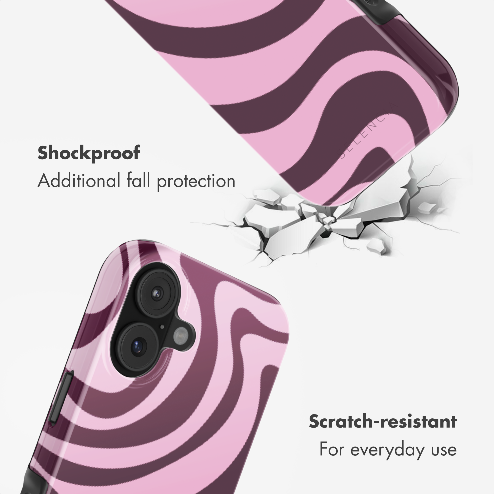 Due viste di una cover ondulata rosa e viola che evidenzia resistenza agli urti.