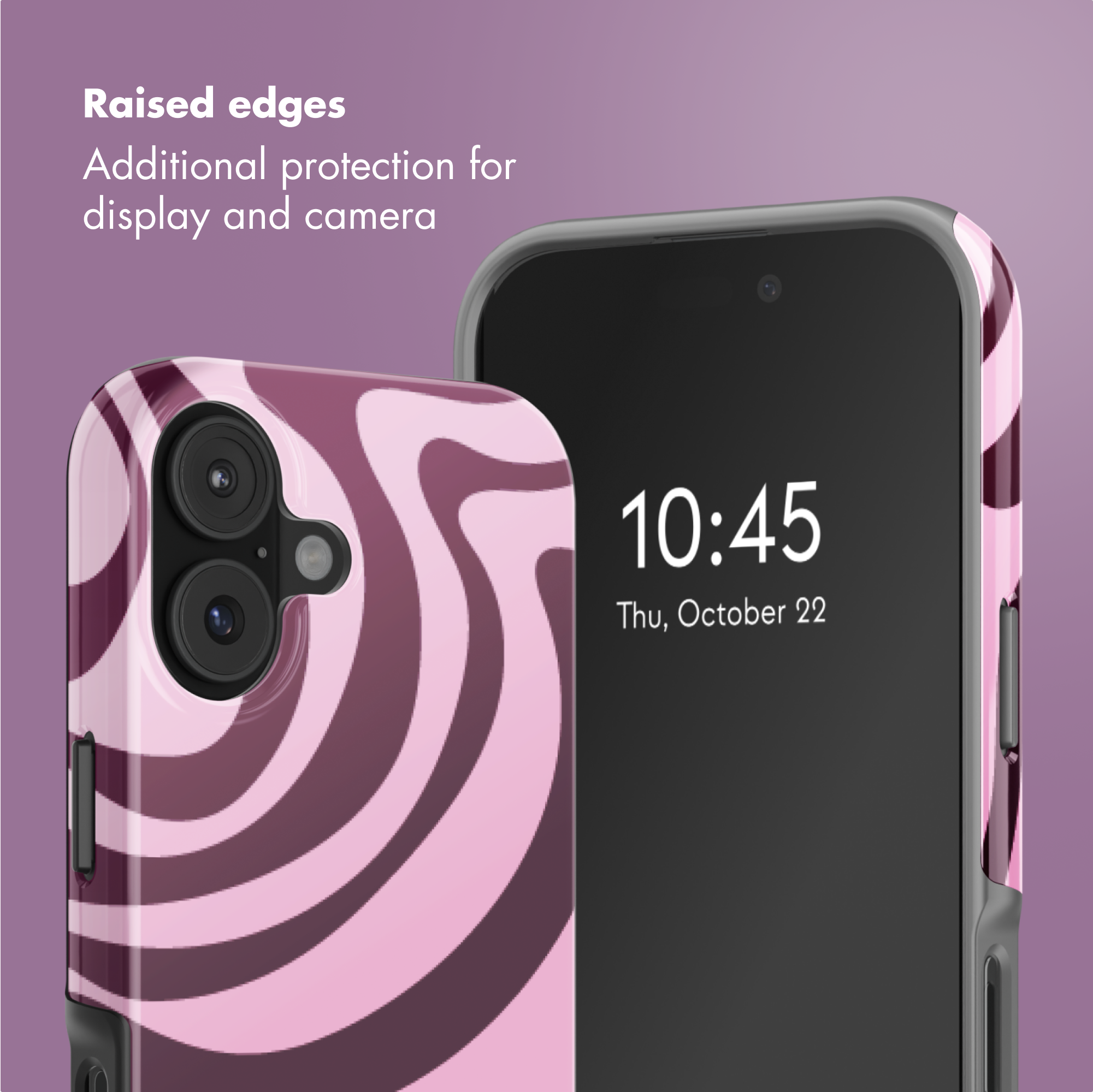 Due smartphone con cover rosa e marroni e testo sulla protezione.