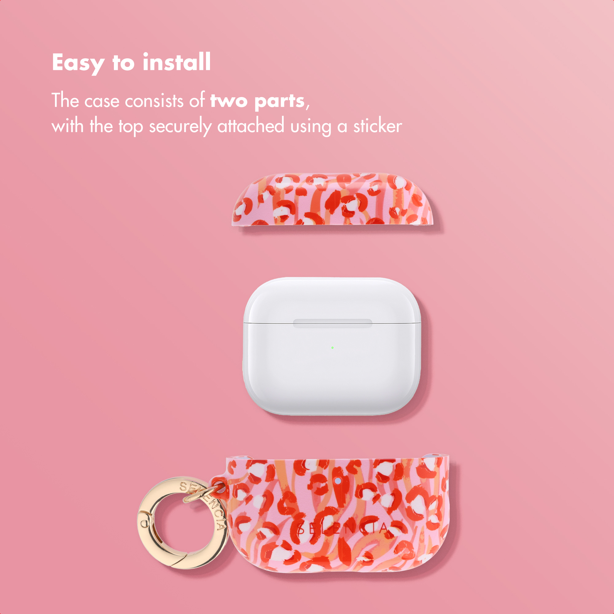 Funda protectora rosa con estampado de leopardo y AirPods blancos.