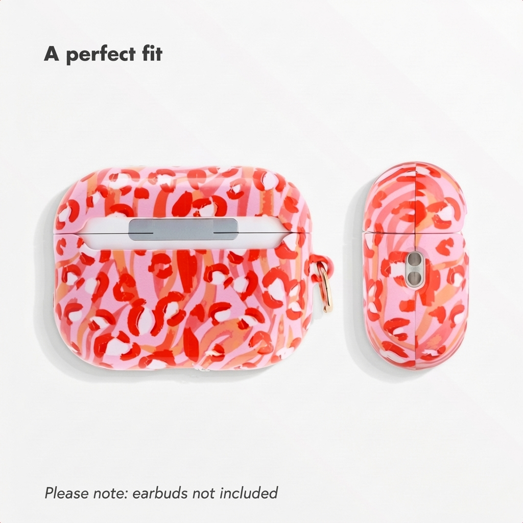 Estuche para auriculares rosa con estampado de animales rojo y blanco sobre fondo blanco.