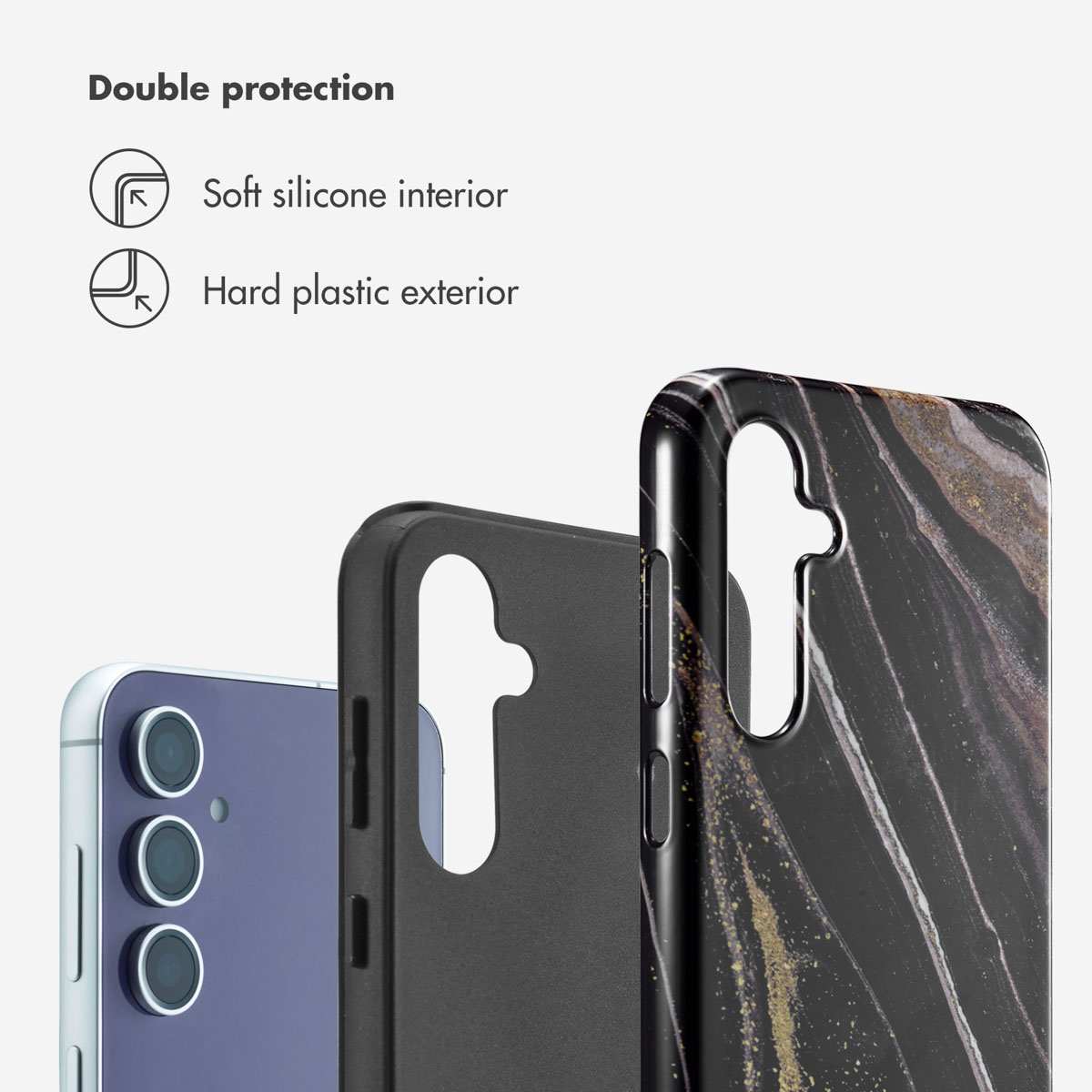 Coque de téléphone avec intérieur en silicone souple et extérieur en plastique dur.