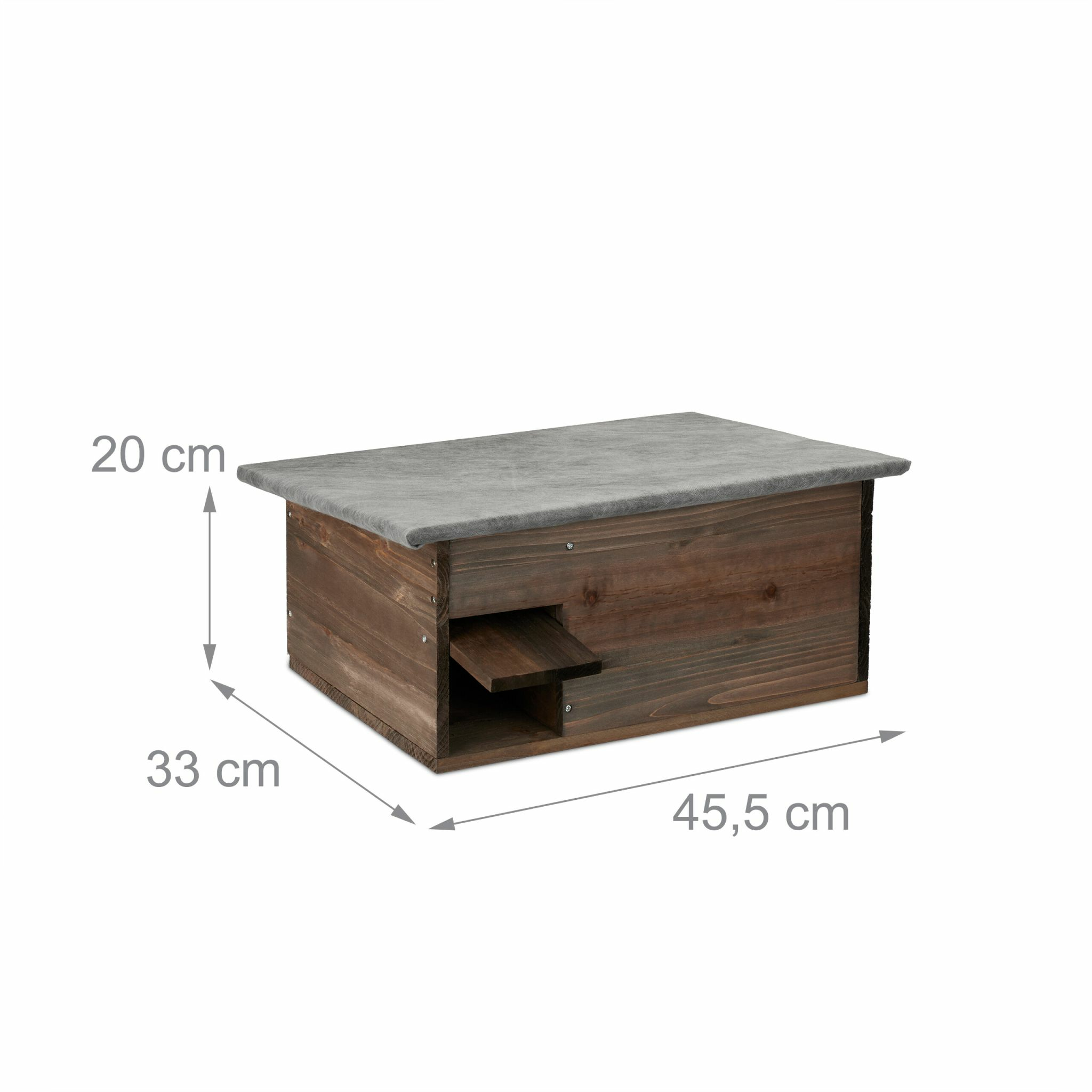 Holz-Igelhaus mit grauer Dachpappe, Maße 45,5x33x20 cm.