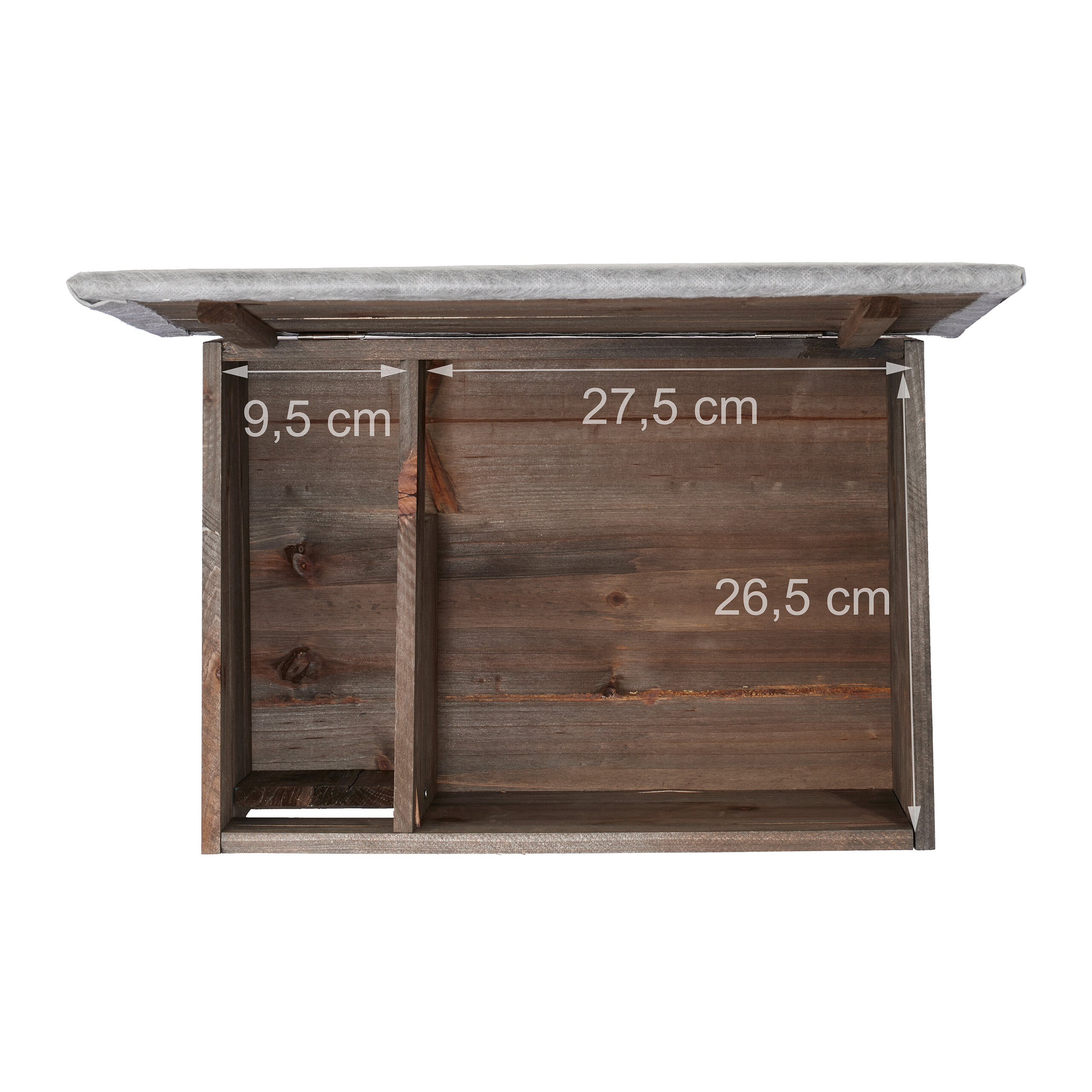 Holzbox von oben mit angehobener grauer Sitzfläche und cm-Maßangaben.
