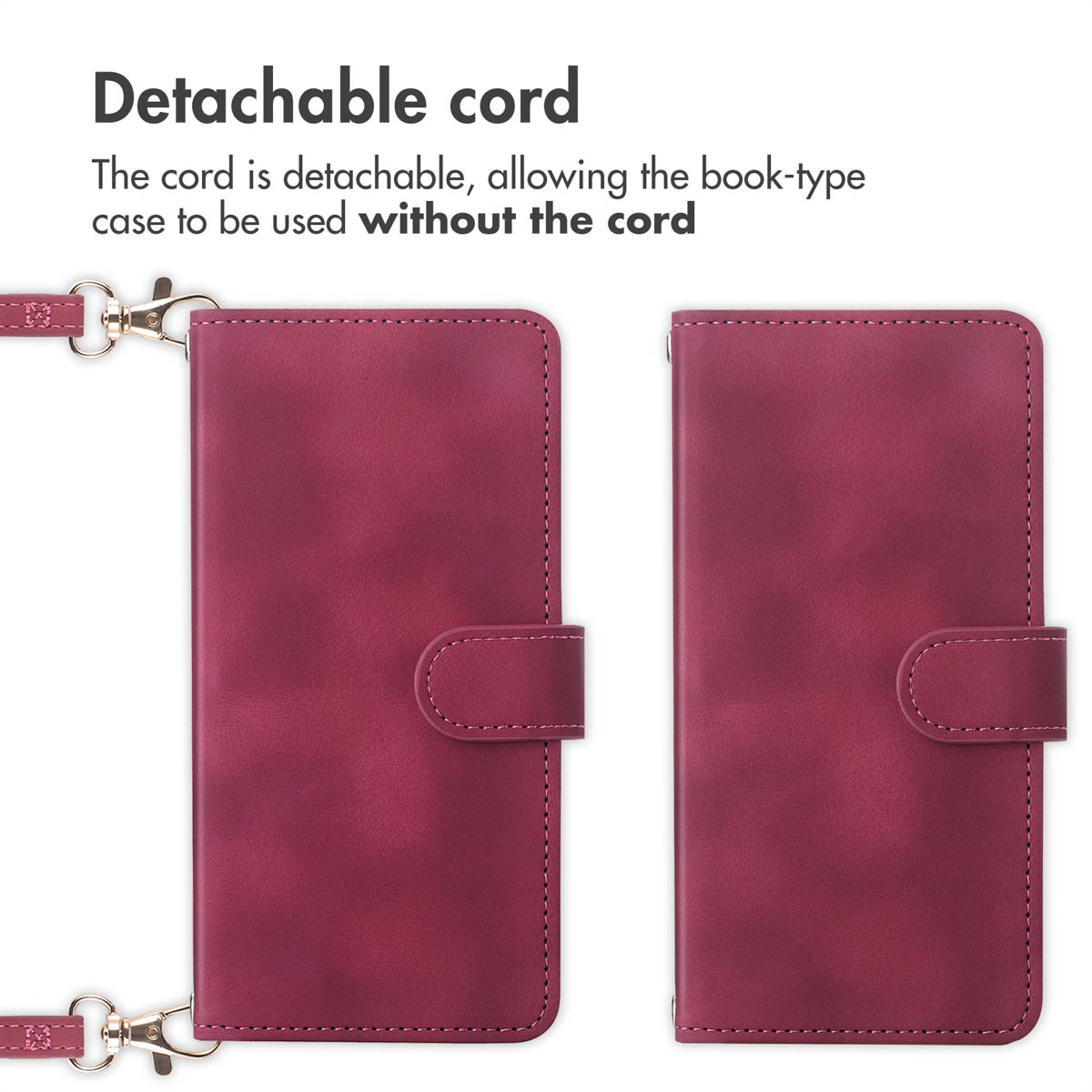 Two burgundy leather phone cases, one with a detachable strap and one without.