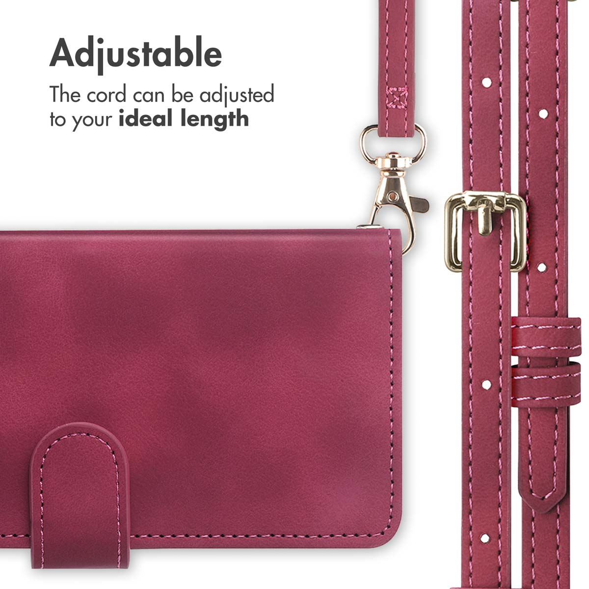 Purple leather case with adjustable strap, gold clasp and buckle.