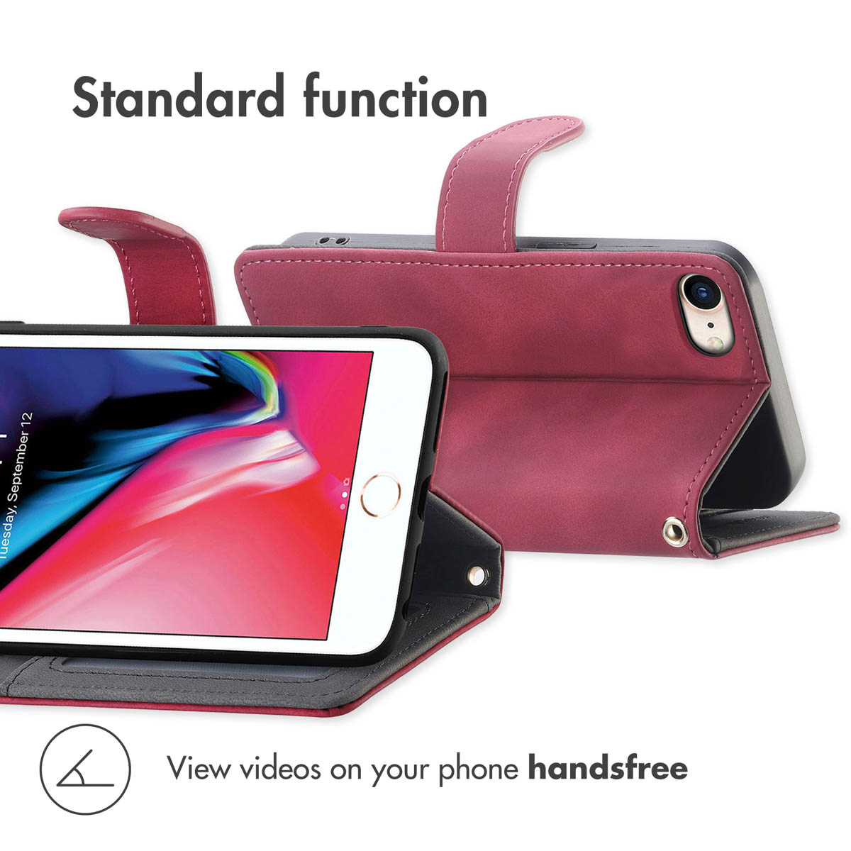 Pink wallet phone case shown from front and back, holding a smartphone with stand function.