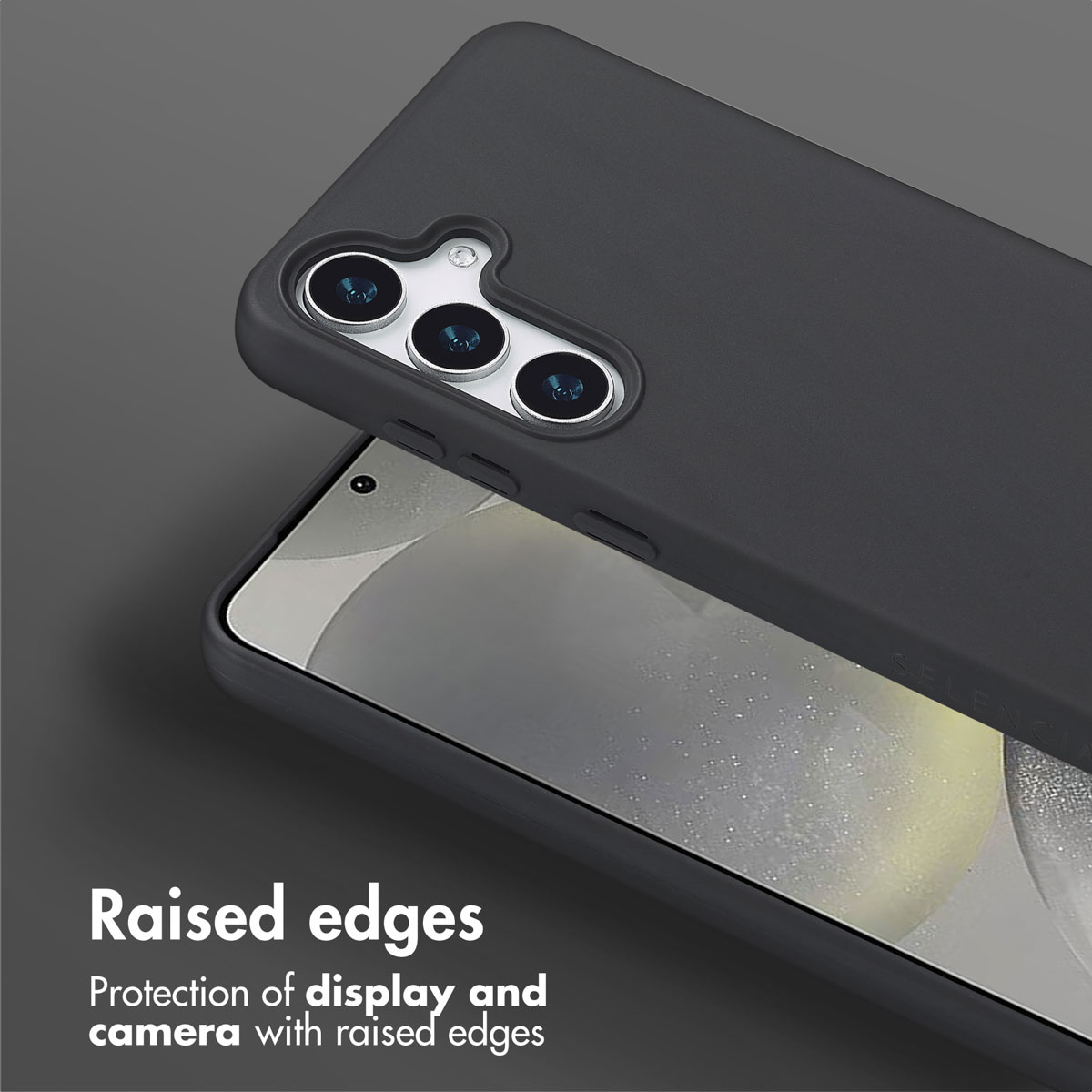 Una funda de móvil negra muestra bordes elevados para proteger la pantalla y la cámara.