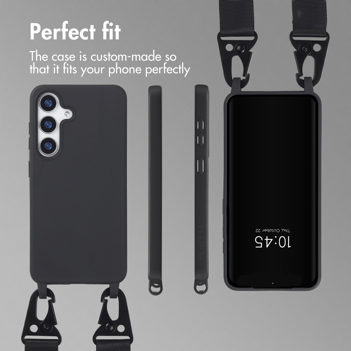 Funda de teléfono negra mostrada desde varios ángulos con correa para el hombro.