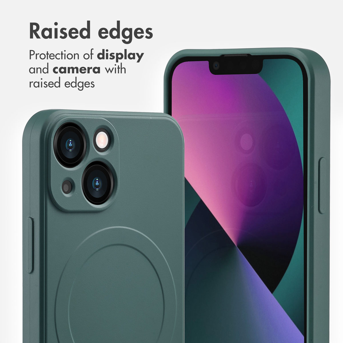 Zwei grüne Smartphone-Hüllen mit erhöhten Rändern zum Schutz von Kamera und Display vor hellem Hintergrund.