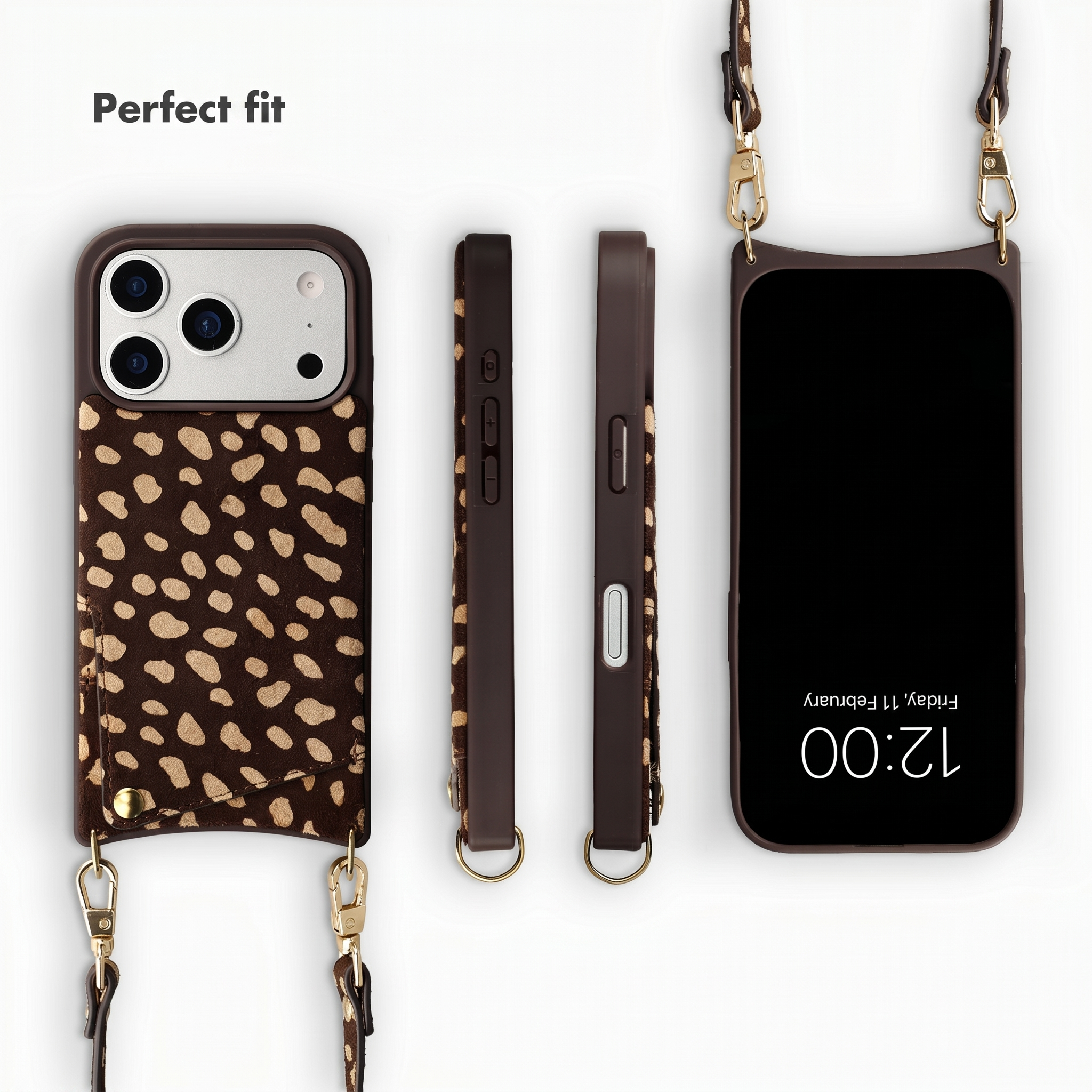 Coque de téléphone marron avec imprimé animal, poche pour cartes et lanière sous plusieurs angles.