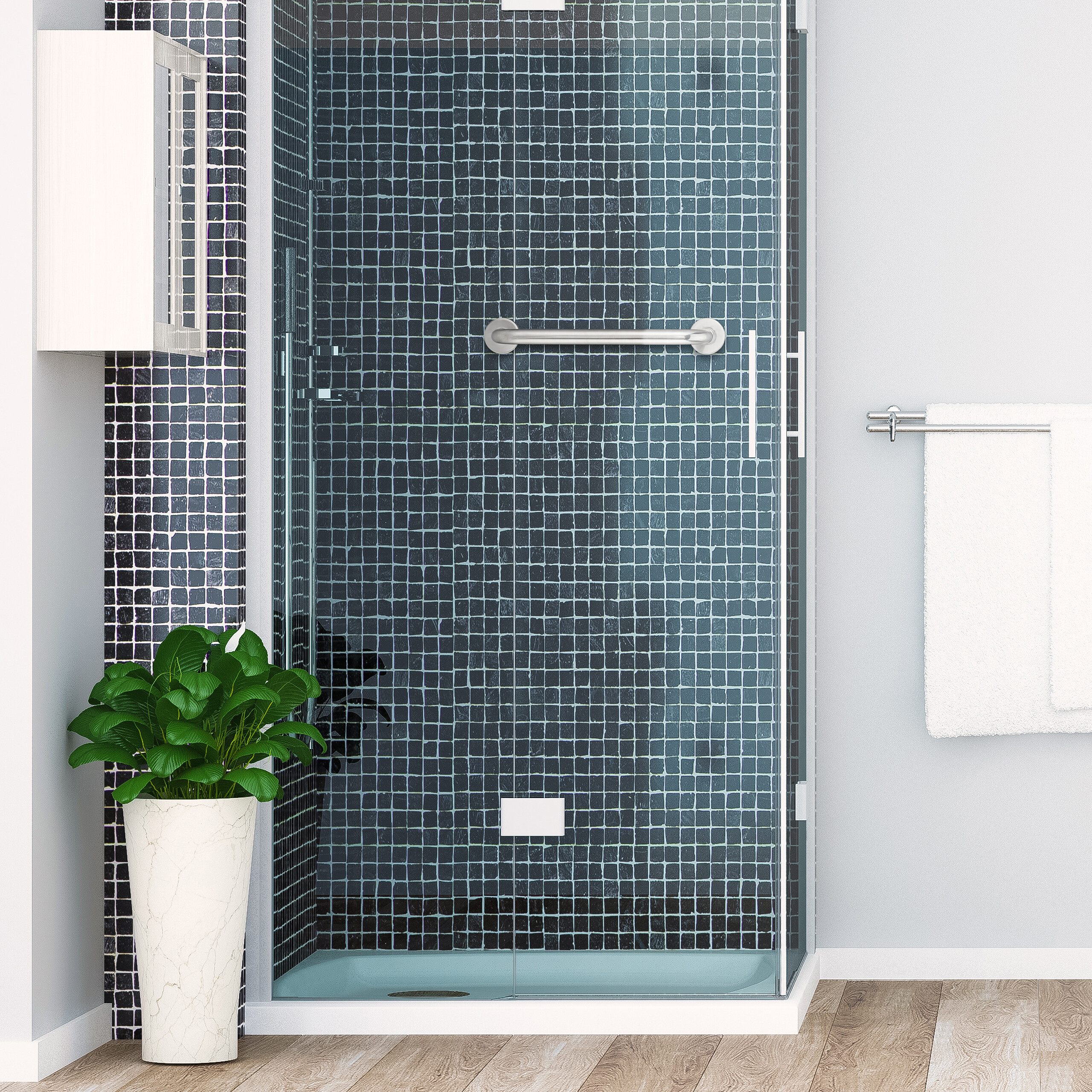 Moderne Dusche mit dunkelblauen Mosaikfliesen, Chromhalterung und einer Grünpflanze im weissen Topf.