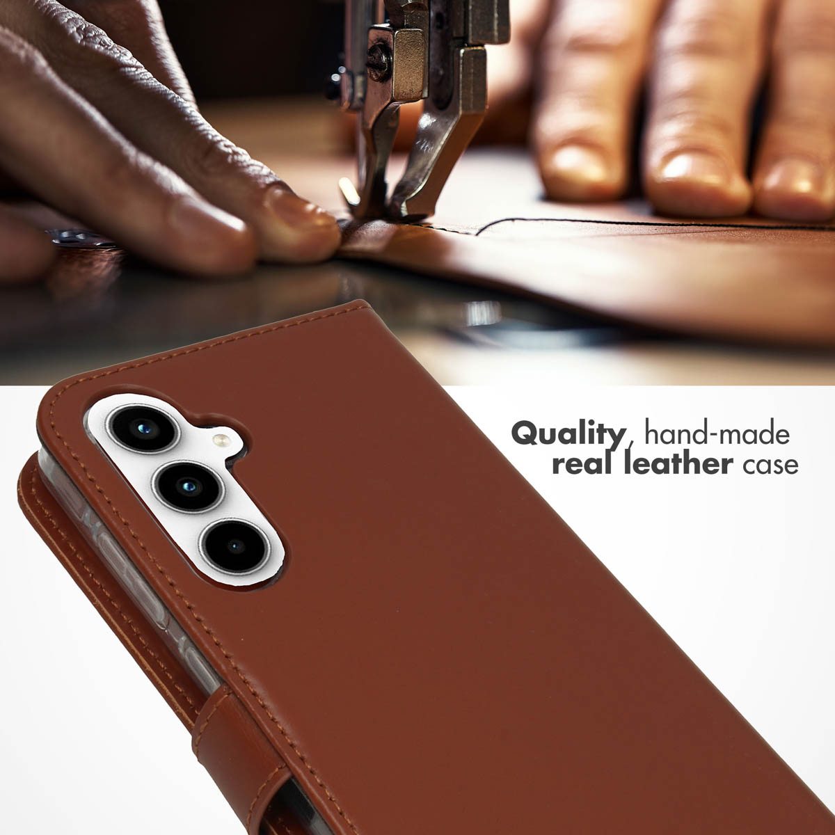 Étui de téléphone en cuir véritable fait main marron avec des coutures visibles.