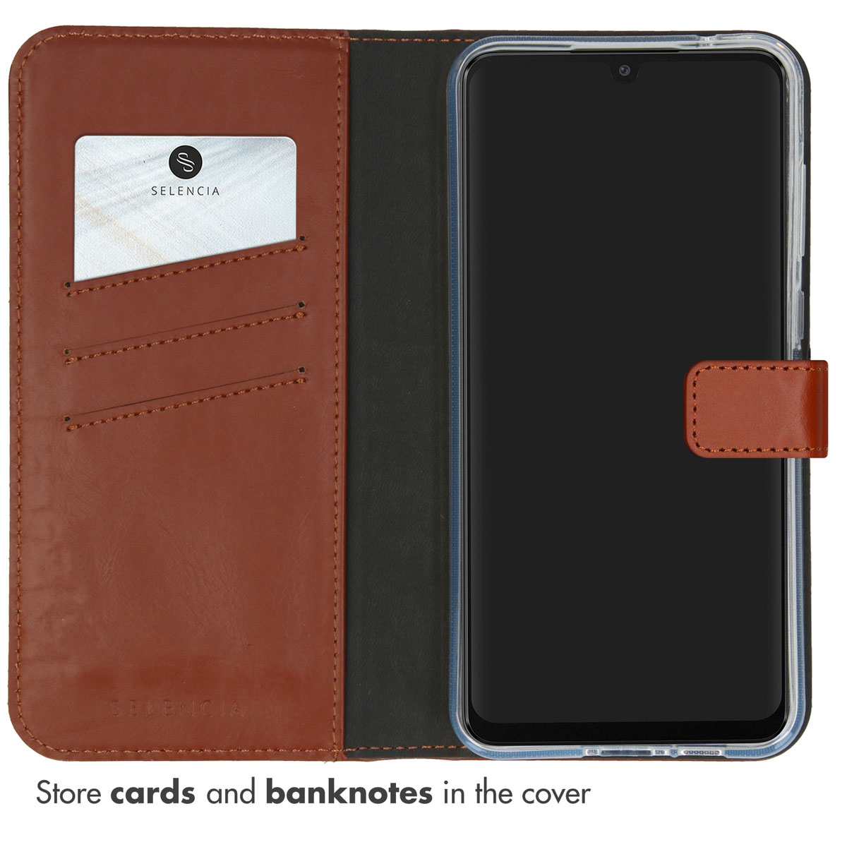 Étui portefeuille en cuir marron avec fentes pour cartes et téléphone sécurisé.