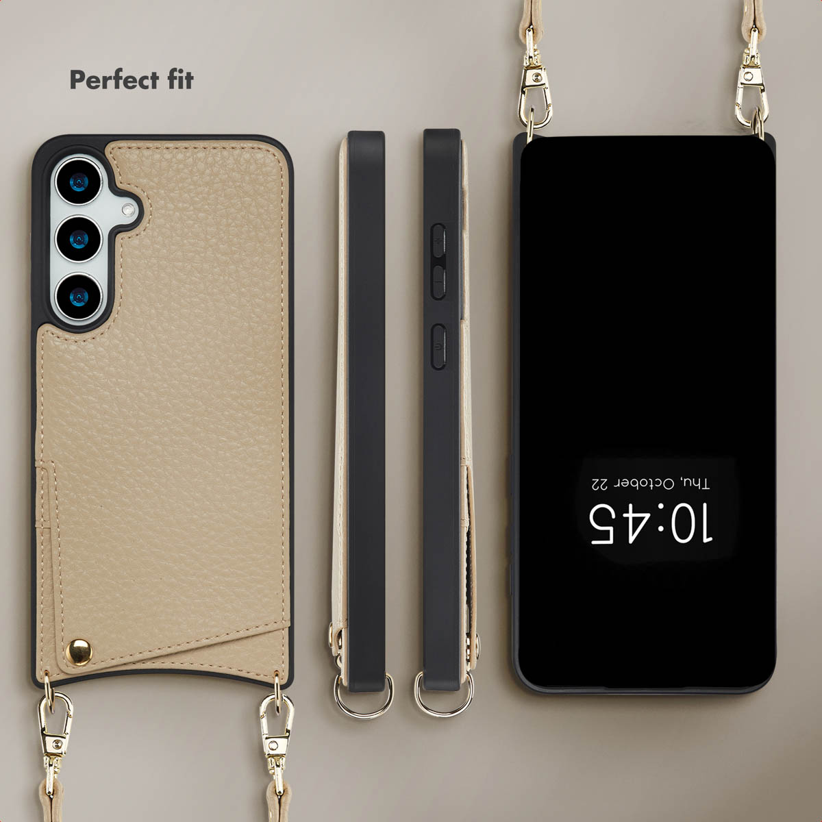 Funda de móvil de cuero beis con tarjetero, anillas doradas y correa.