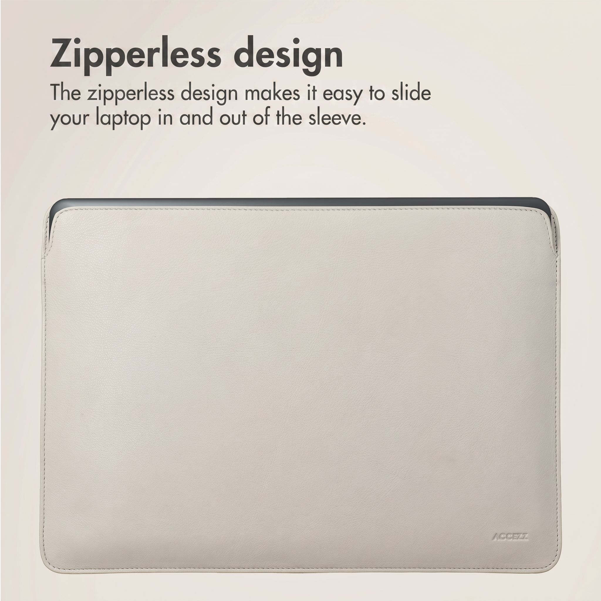 Funda de cuero beige para portátil con el texto Zipperless design.