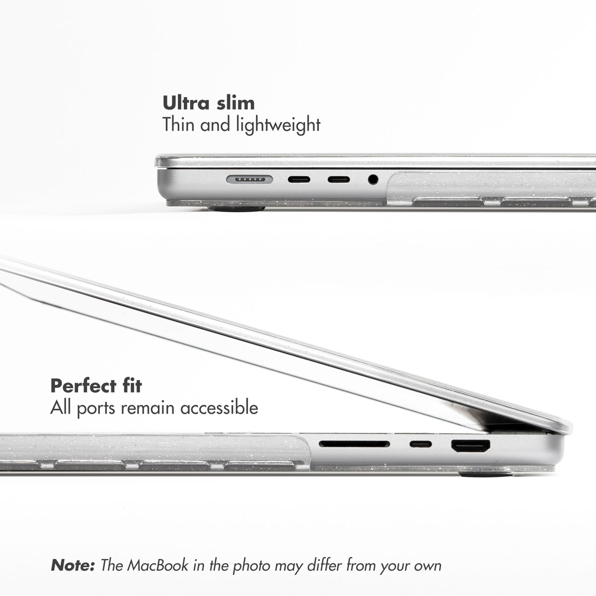 Perfil lateral de un MacBook en una funda ultradelgada con puertos accesibles.