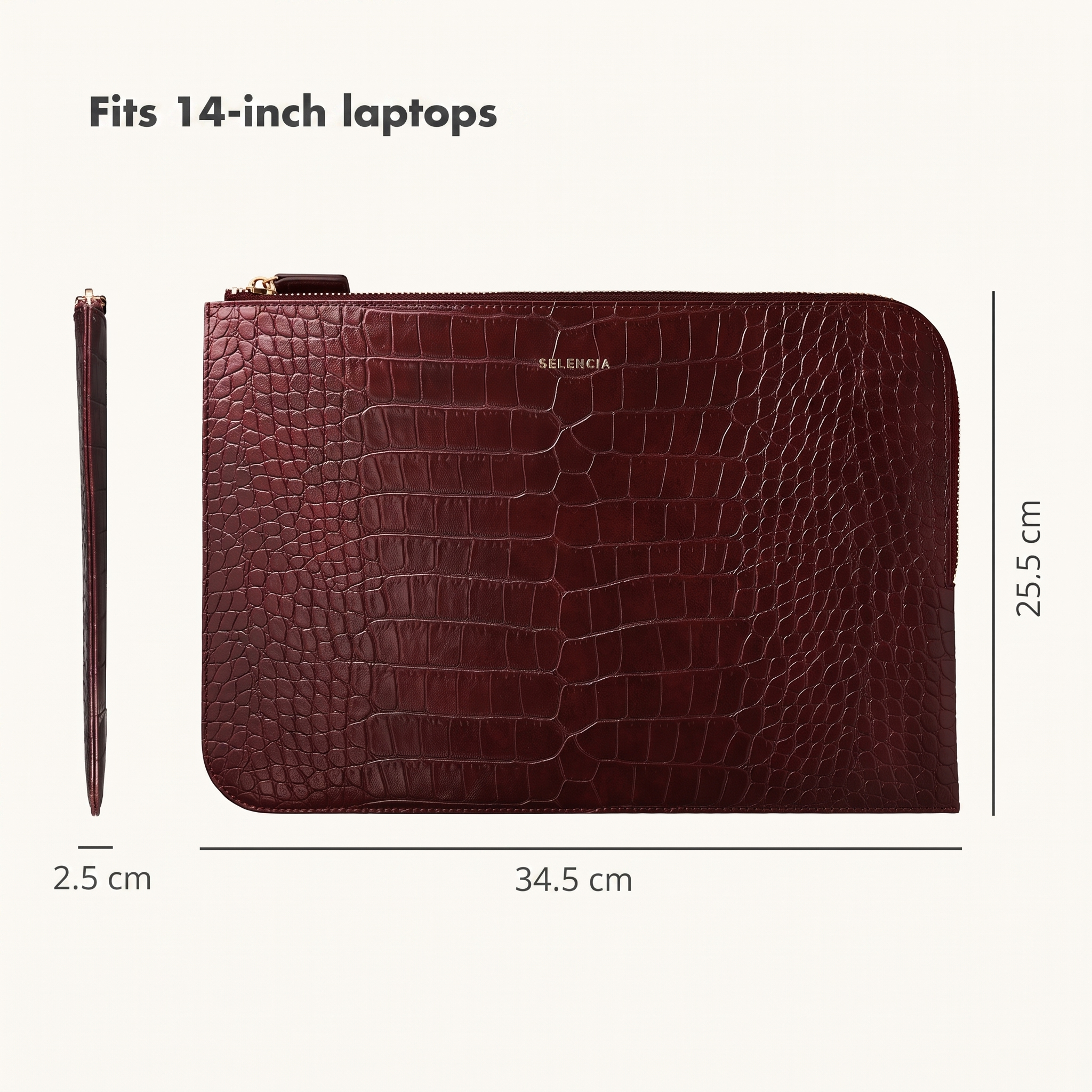 Custodia per laptop in ecopelle coccodrillo bordeaux, dimensioni 34.5x25.5x2.5 cm, per laptop da 14 pollici.