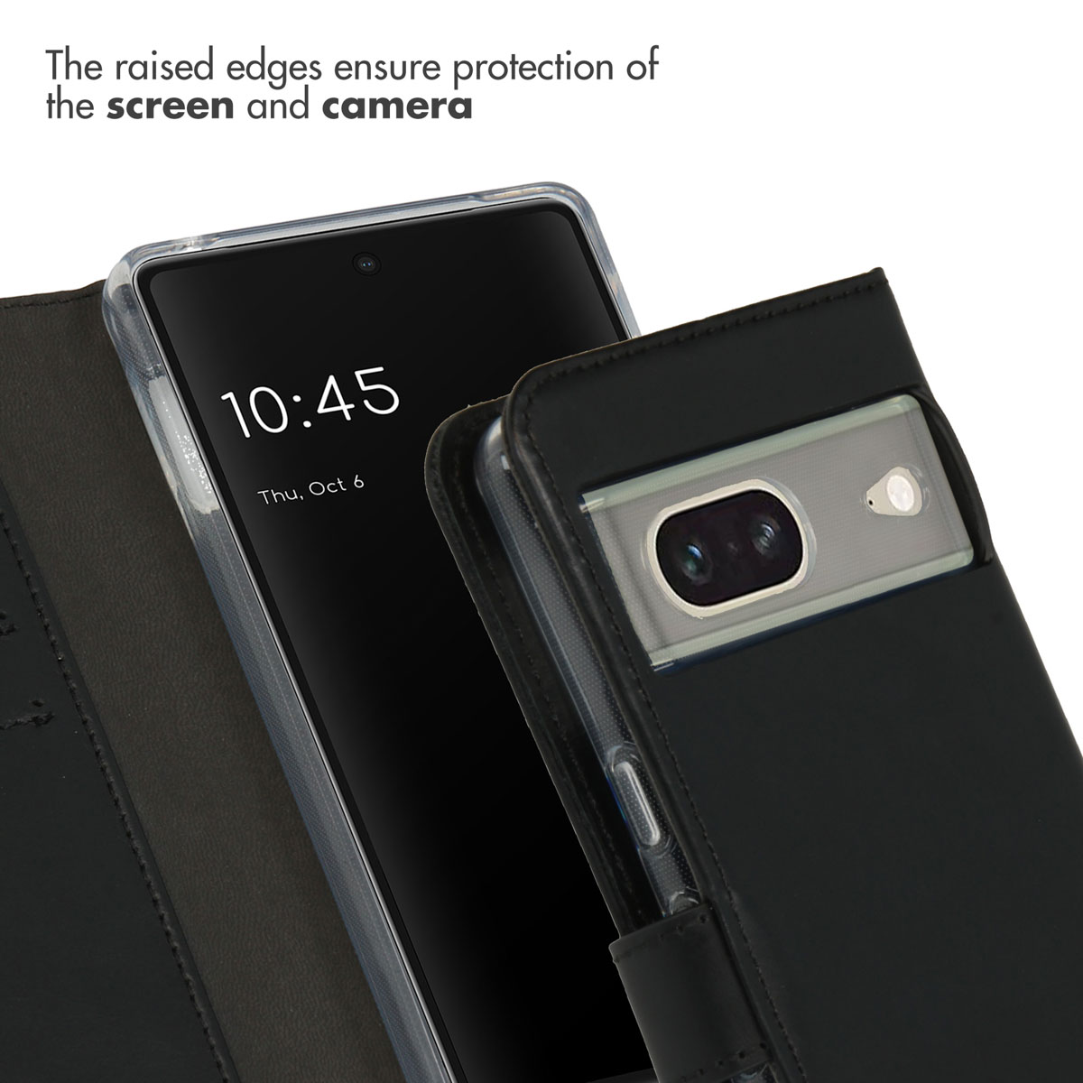 Una custodia per telefono nera mostra lo schermo e la fotocamera di uno smartphone con protezione rialzata.