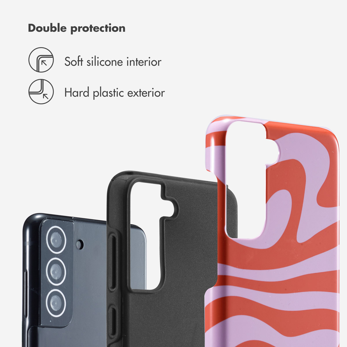 Double protection : intérieur en silicone souple, extérieur en plastique dur, présenté avec téléphone et coques.