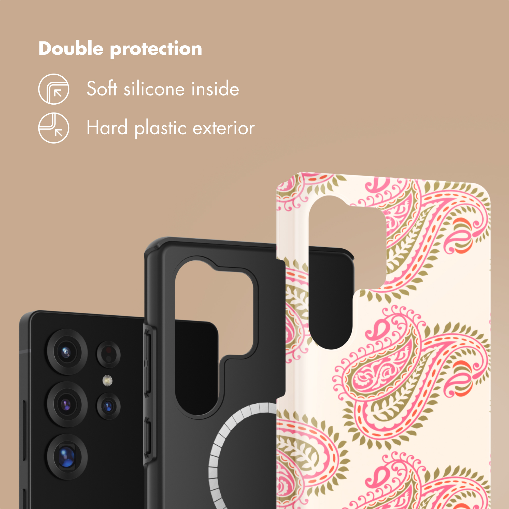 Doppia protezione: silicone morbido interno, esterno in plastica rigida, con cover.