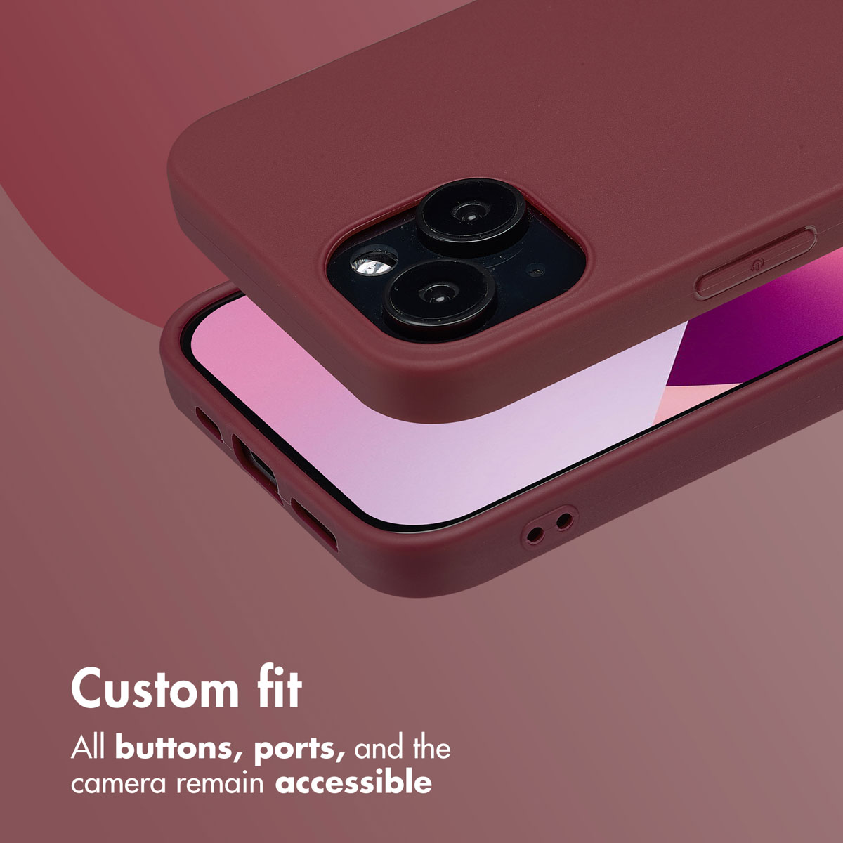 Czerwony smartfon w dopasowanym etui na różowym tle z tekstem.