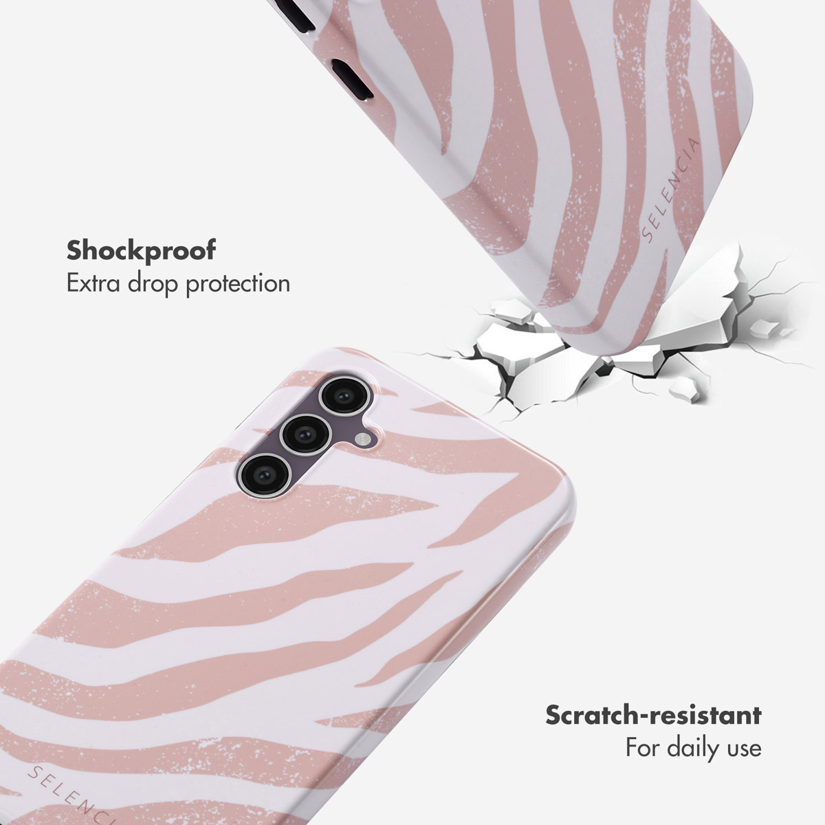 Coque de téléphone à motif zèbre rose et blanc sur fond blanc avec texte.