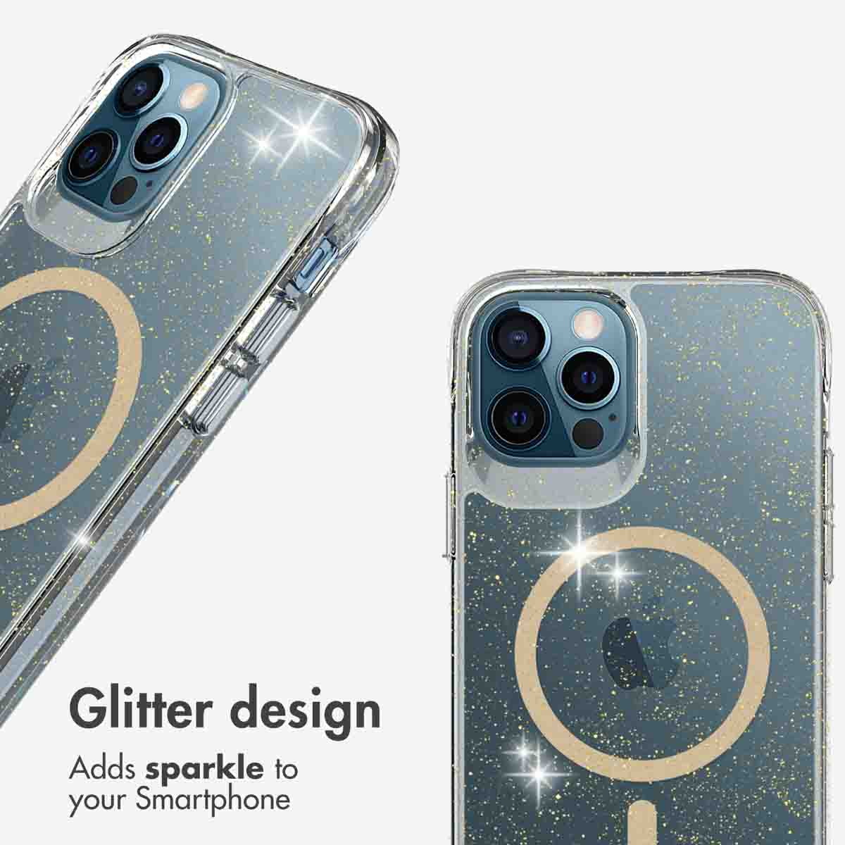 Transparente Smartphone-Hülle mit Glitzerdesign, MagSafe-Ring und Kameraausschnitt auf weißem Hintergrund.