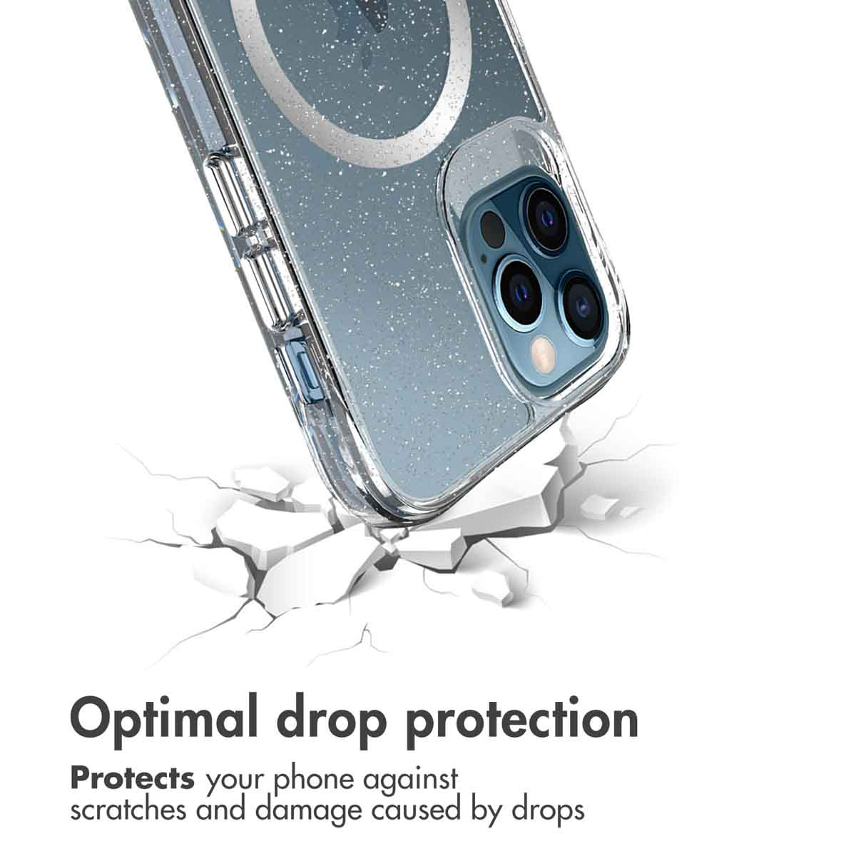 Eine glitzernde Handyhülle schützt ein blaues Smartphone, das auf eine zerbrochene weiße Oberfläche stößt.