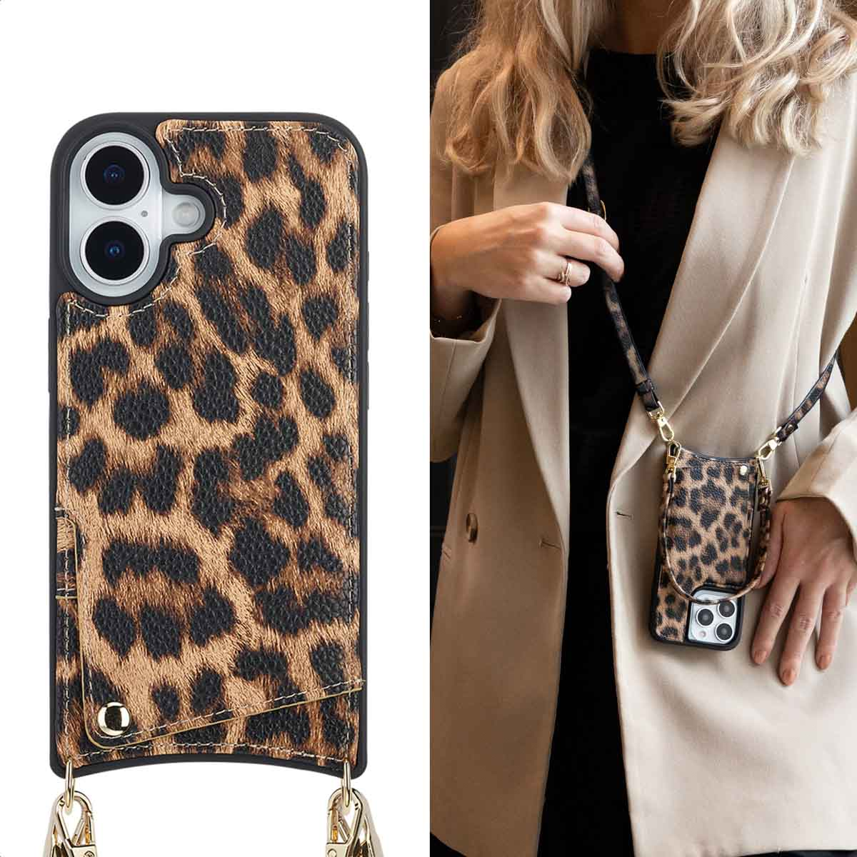 Una mujer rubia lleva una funda de móvil de leopardo con correa, mostrada individualmente a la izquierda.
