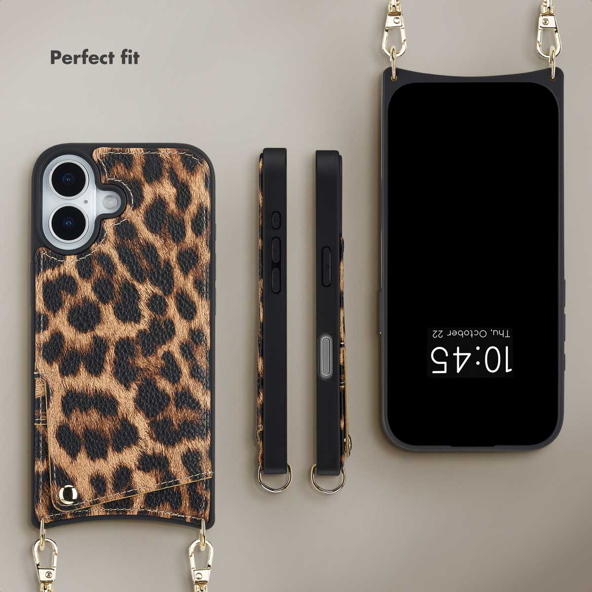 Un smartphone con funda de leopardo y correa, visto de frente, reverso y lados sobre fondo beige.