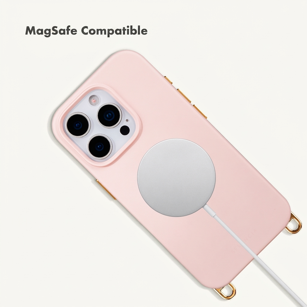 Una funda de teléfono rosa con detalles dorados, recorte de cámara y un cargador MagSafe en un fondo blanco.
