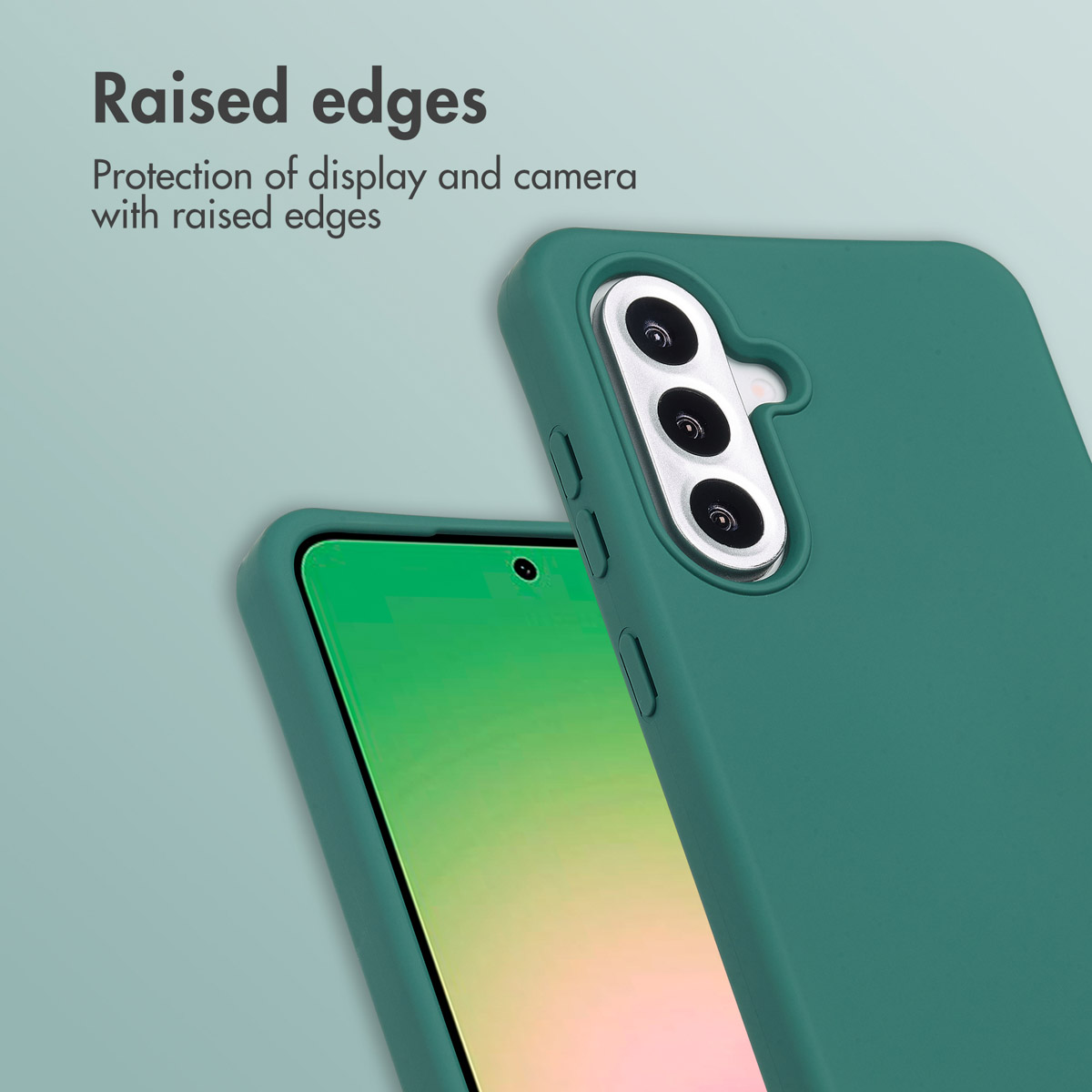 Coque de téléphone verte avec des bords surélevés protégeant l'écran et l'appareil photo.