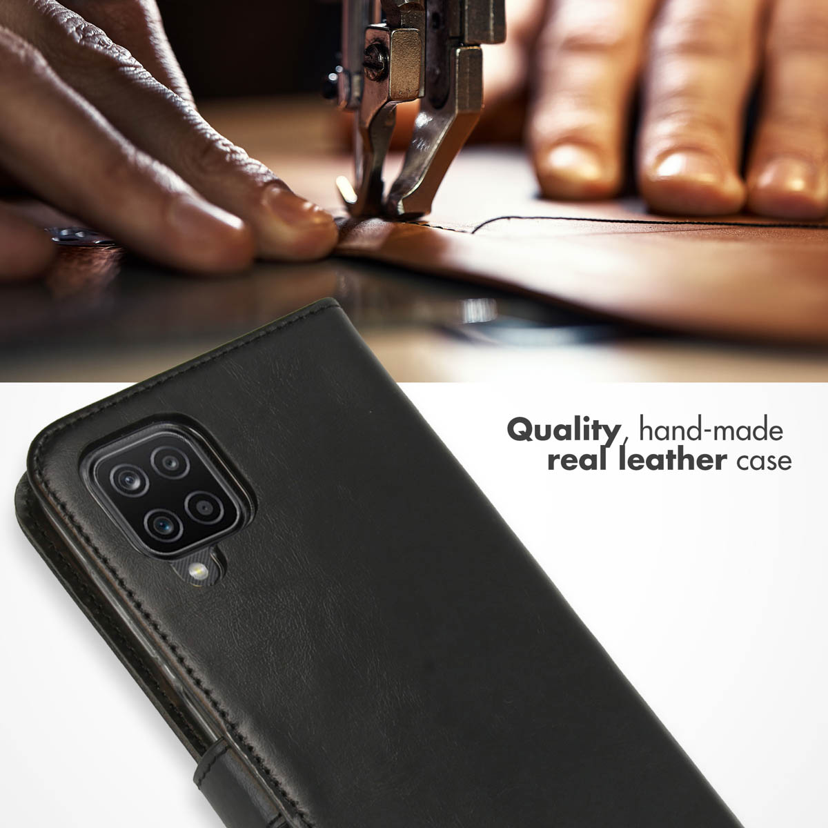 Étui en cuir véritable noir cousu main pour smartphone à quadruple caméra.
