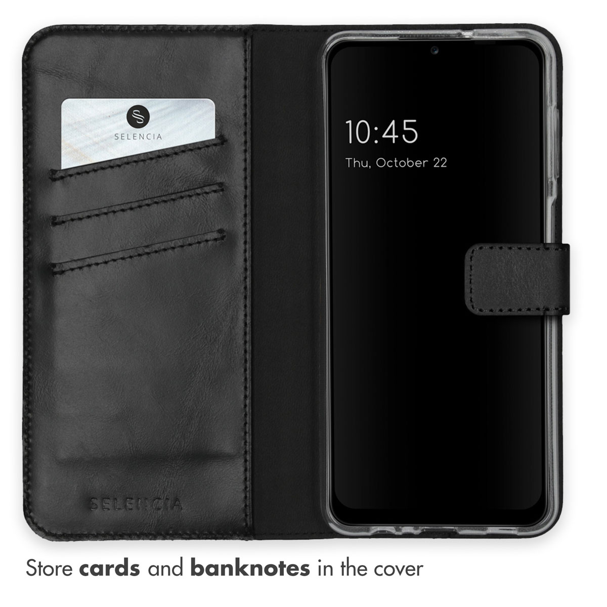 Étui portefeuille en cuir noir avec fentes pour cartes et smartphone.