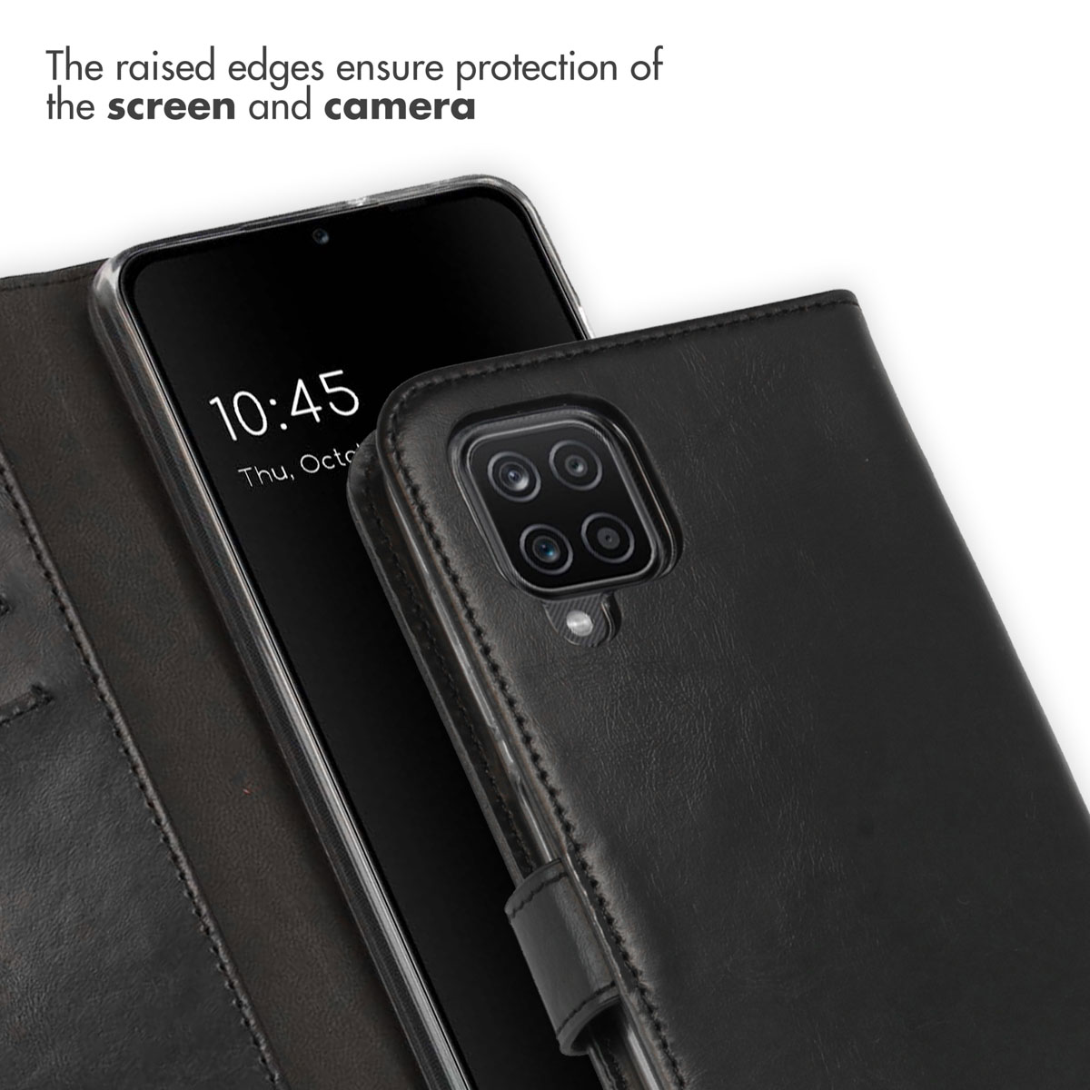 Un étui pour smartphone en cuir noir avec découpe pour appareil photo et écran visible.