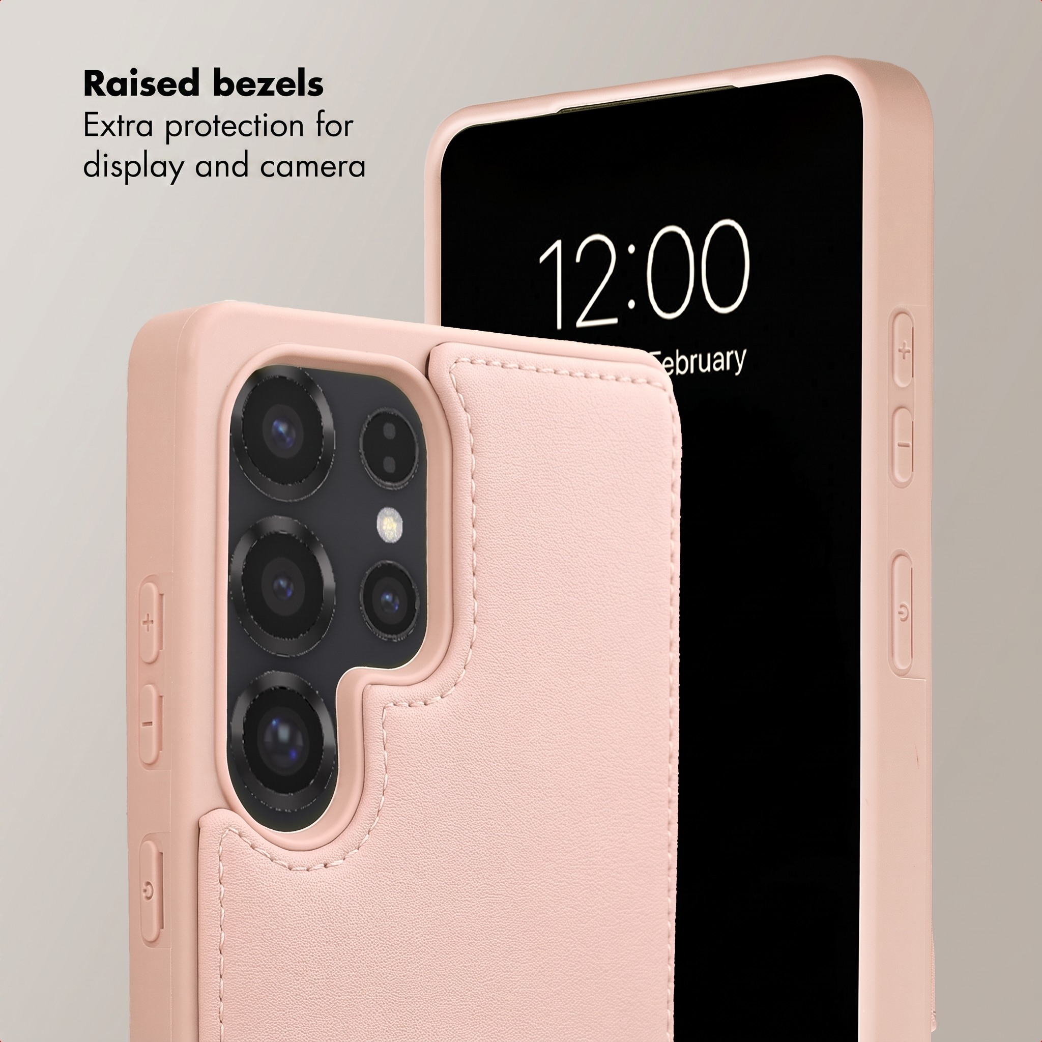 Pink smartphone in a protective case showing raised bezels for display and camera.