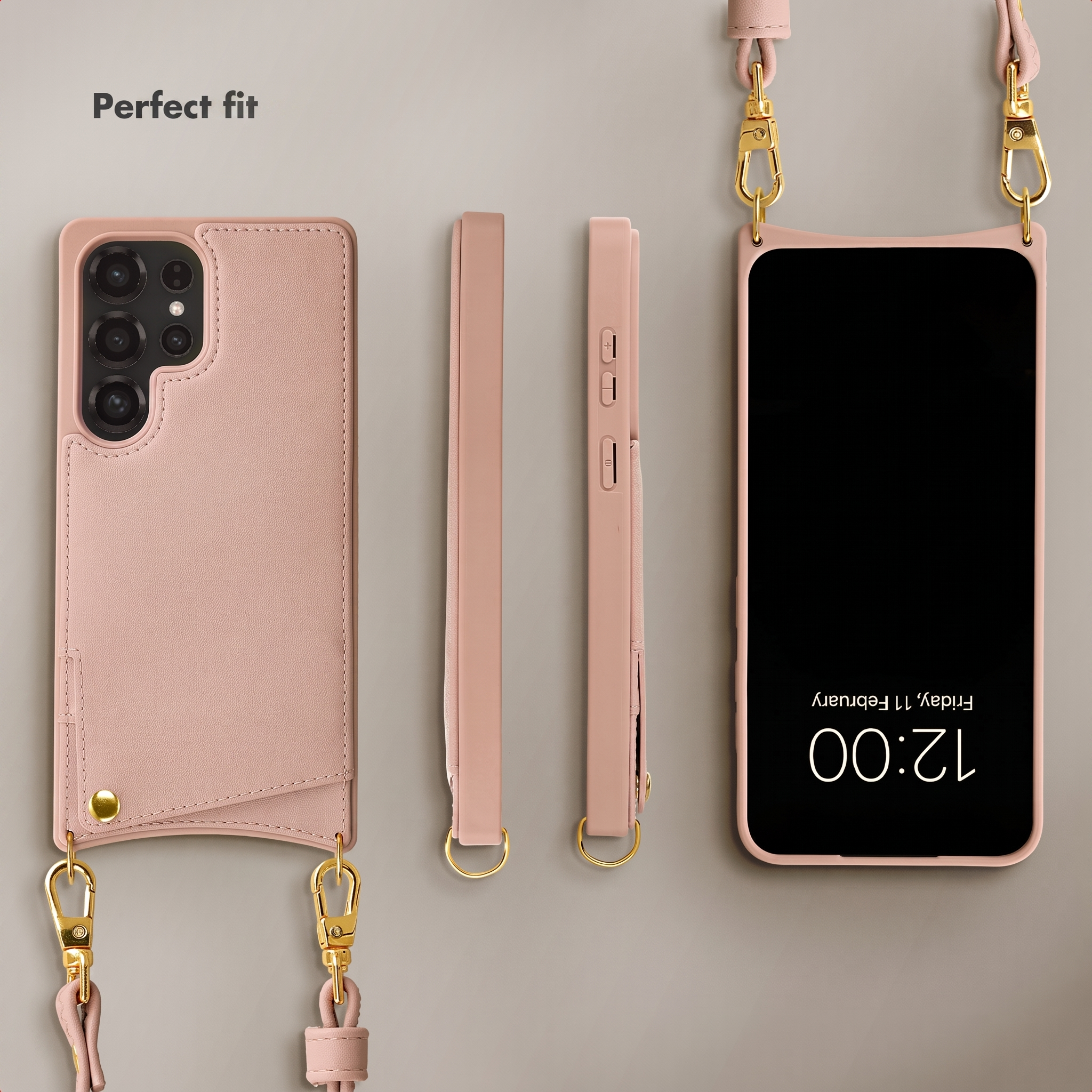 Pink phone case with a strap, shown from different angles against a grey background.