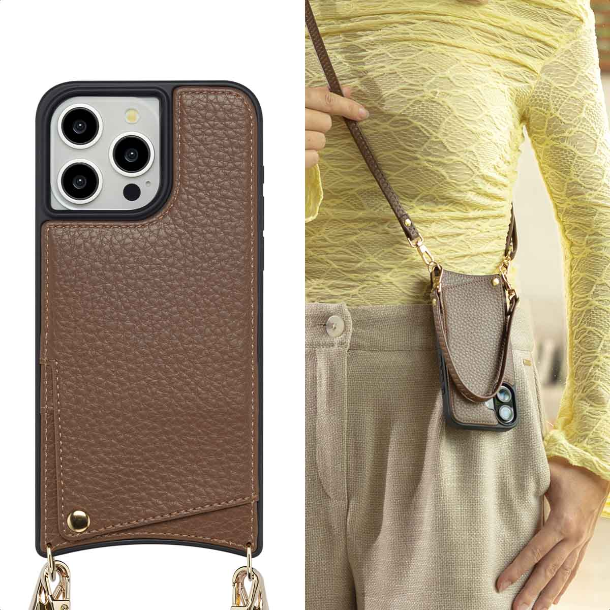 Coque de téléphone en cuir marron avec porte-cartes et bandoulière, portée sur le corps.
