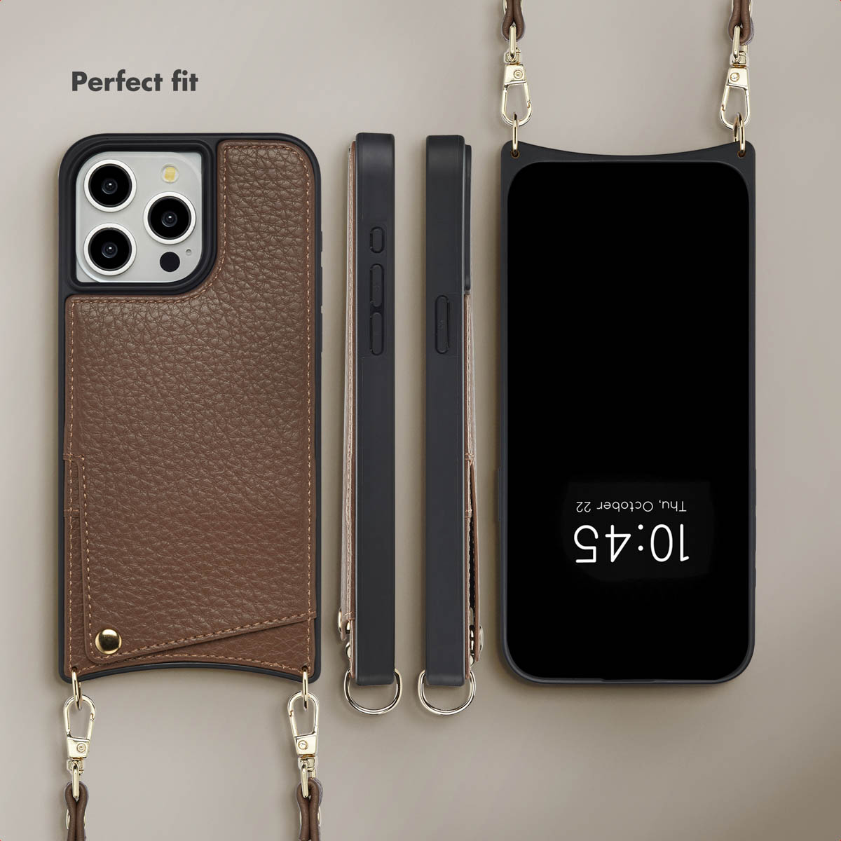 Coque de téléphone en cuir marron avec porte-cartes et lanière, sous plusieurs angles, sur fond gris.