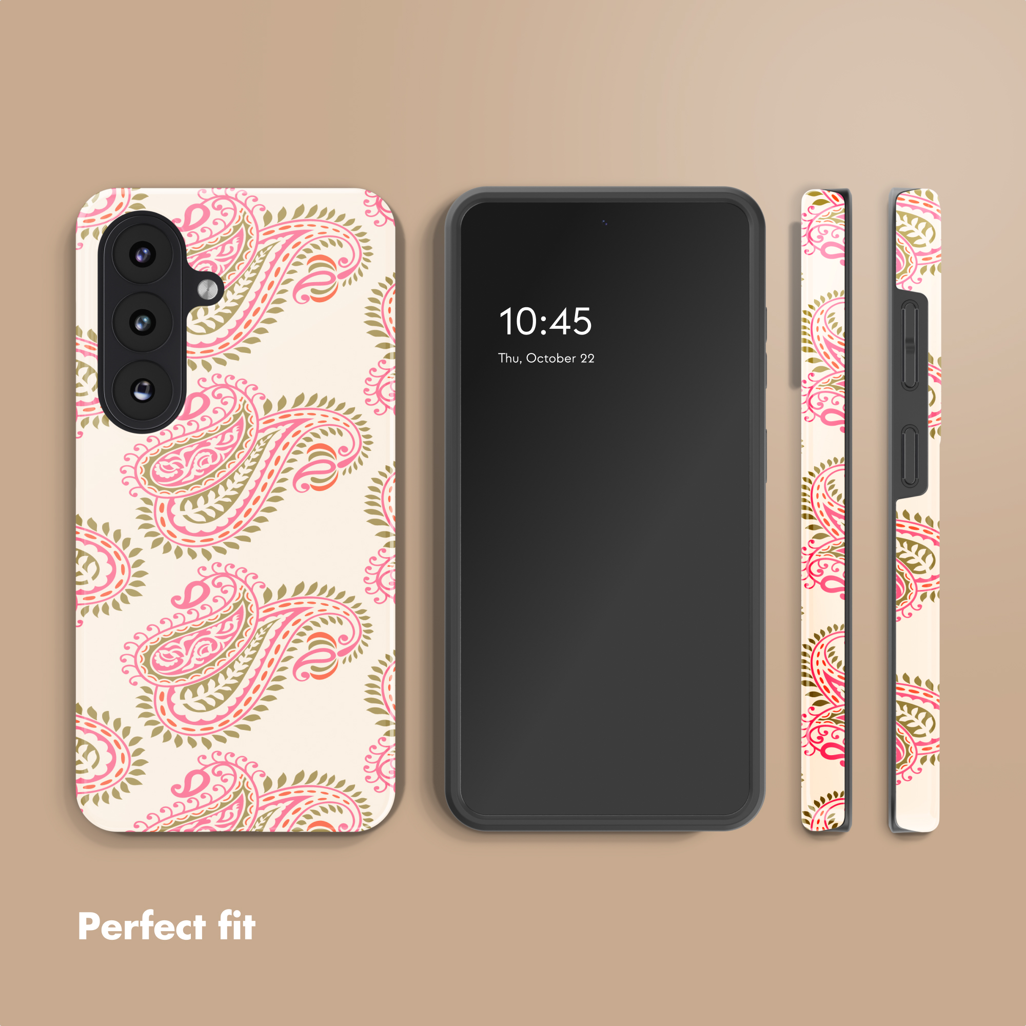 Ein Smartphone mit einer Handyhülle mit rosafarbenem Paisley-Muster und den Aufdruck Perfect fit.