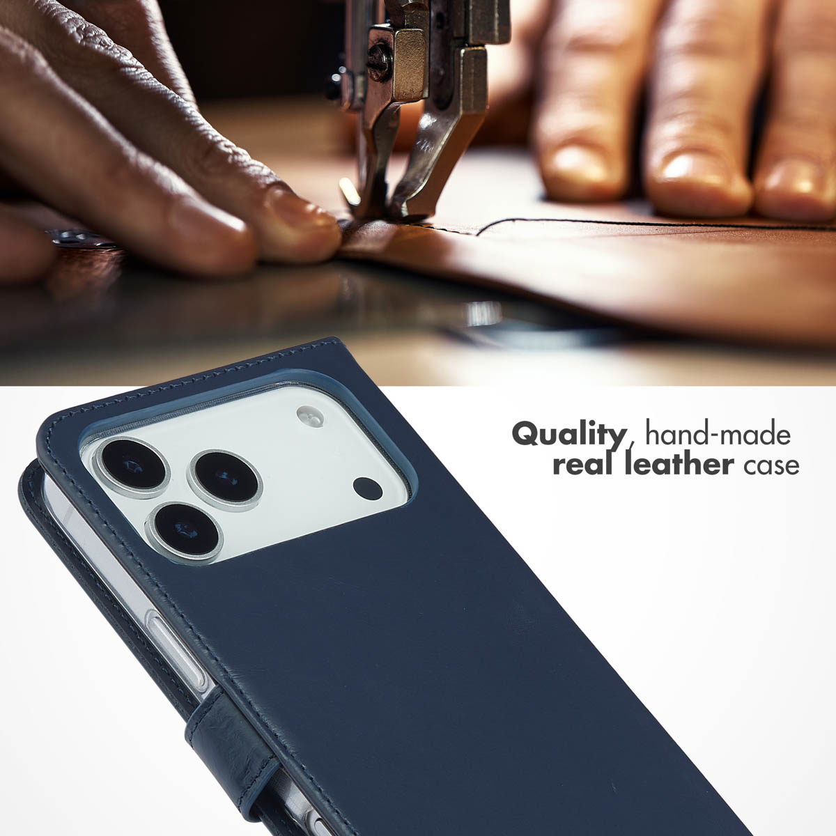 Une machine à coudre coud un étui en cuir, avec une coque de téléphone bleue au premier plan et du texte.