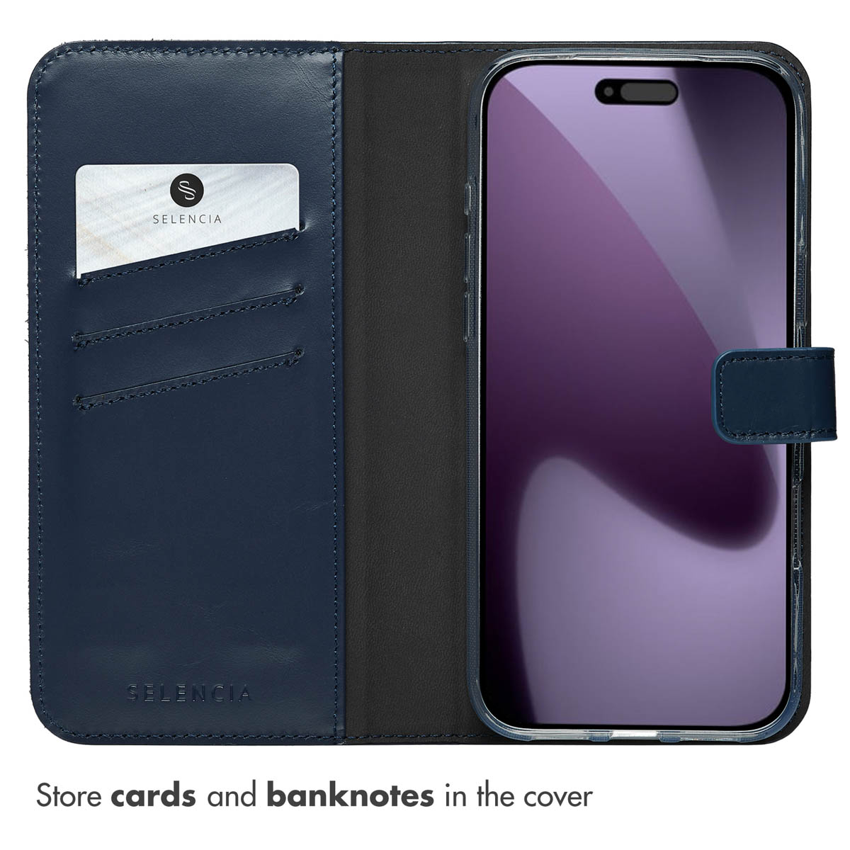 Un étui portefeuille en cuir bleu marine avec fentes pour cartes et un téléphone à droite.