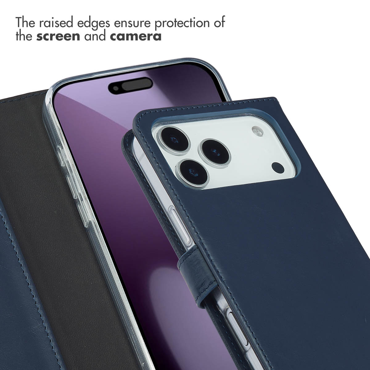 Un étui de téléphone en cuir bleu avec des bords surélevés protégeant l'écran et l'appareil photo.