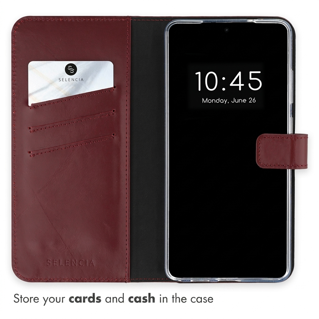 Bordeauxlederen portemonneehoesje met open smartphone die 10:45 weergeeft en kaartsleuven.