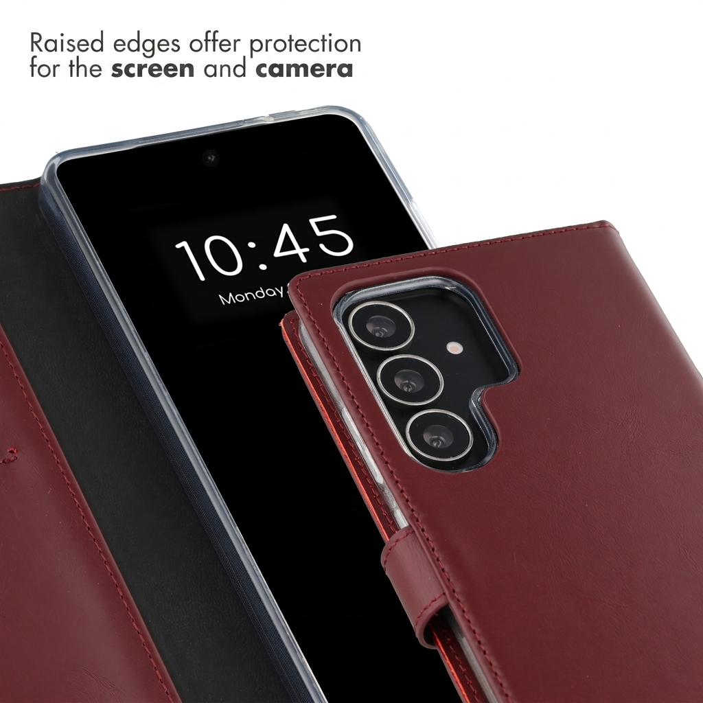 Een rode lederen portefeuillehoes voor een smartphone toont de camera en het scherm.