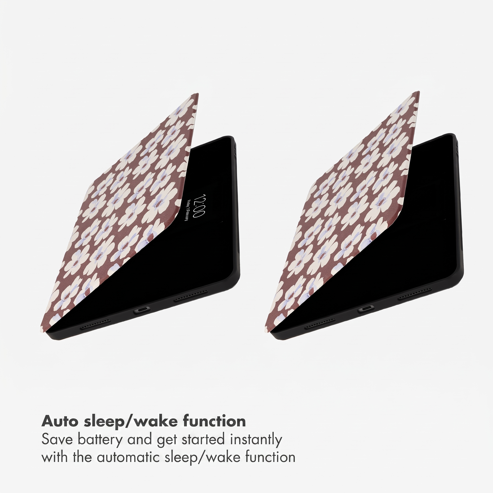 Twee e-readers met bruine bloemenprint hoesjes tonen de automatische slaap-/waakfunctie.