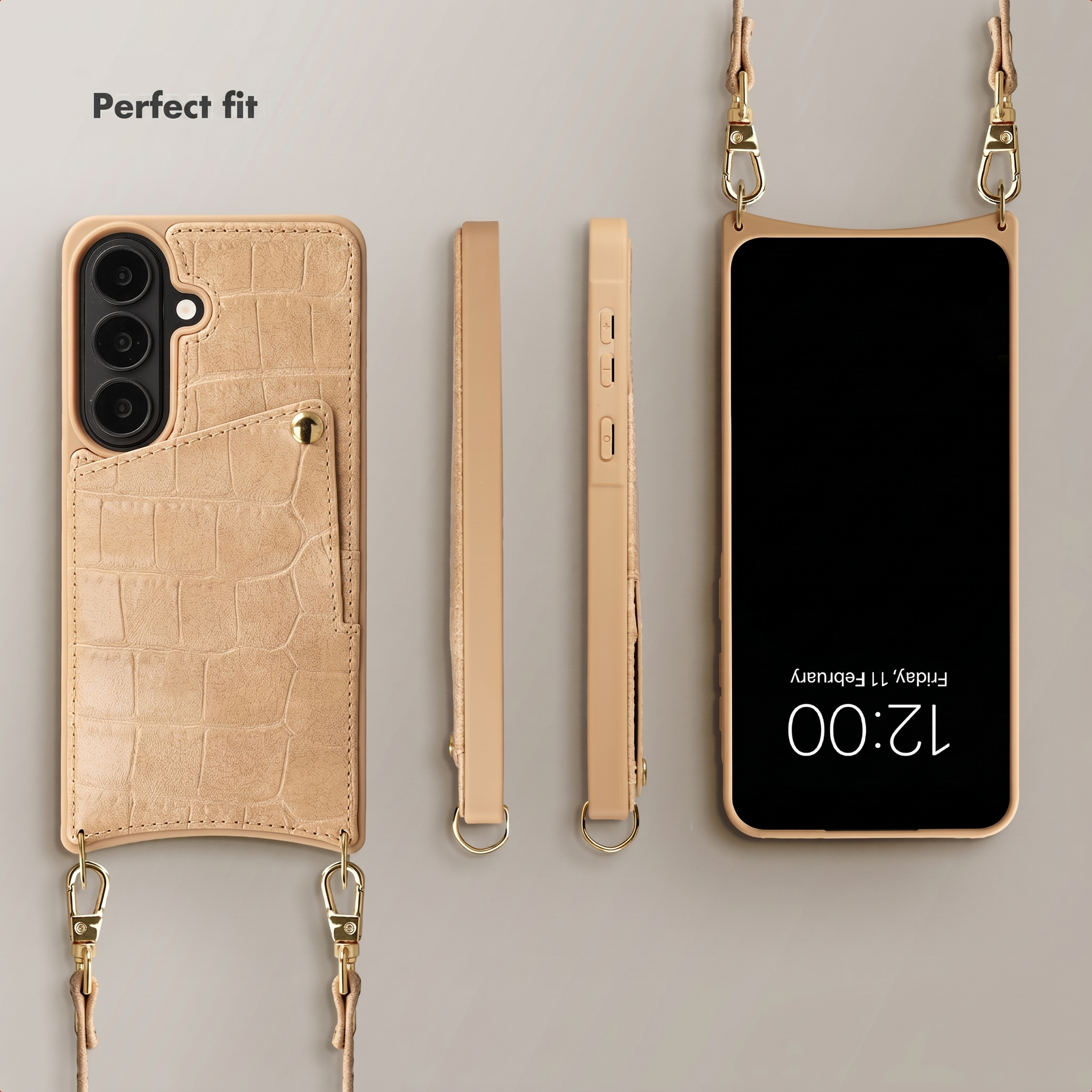Funda de cuero beige con textura de cocodrilo, tarjetero, botones laterales y correa mostrada desde varios ángulos.