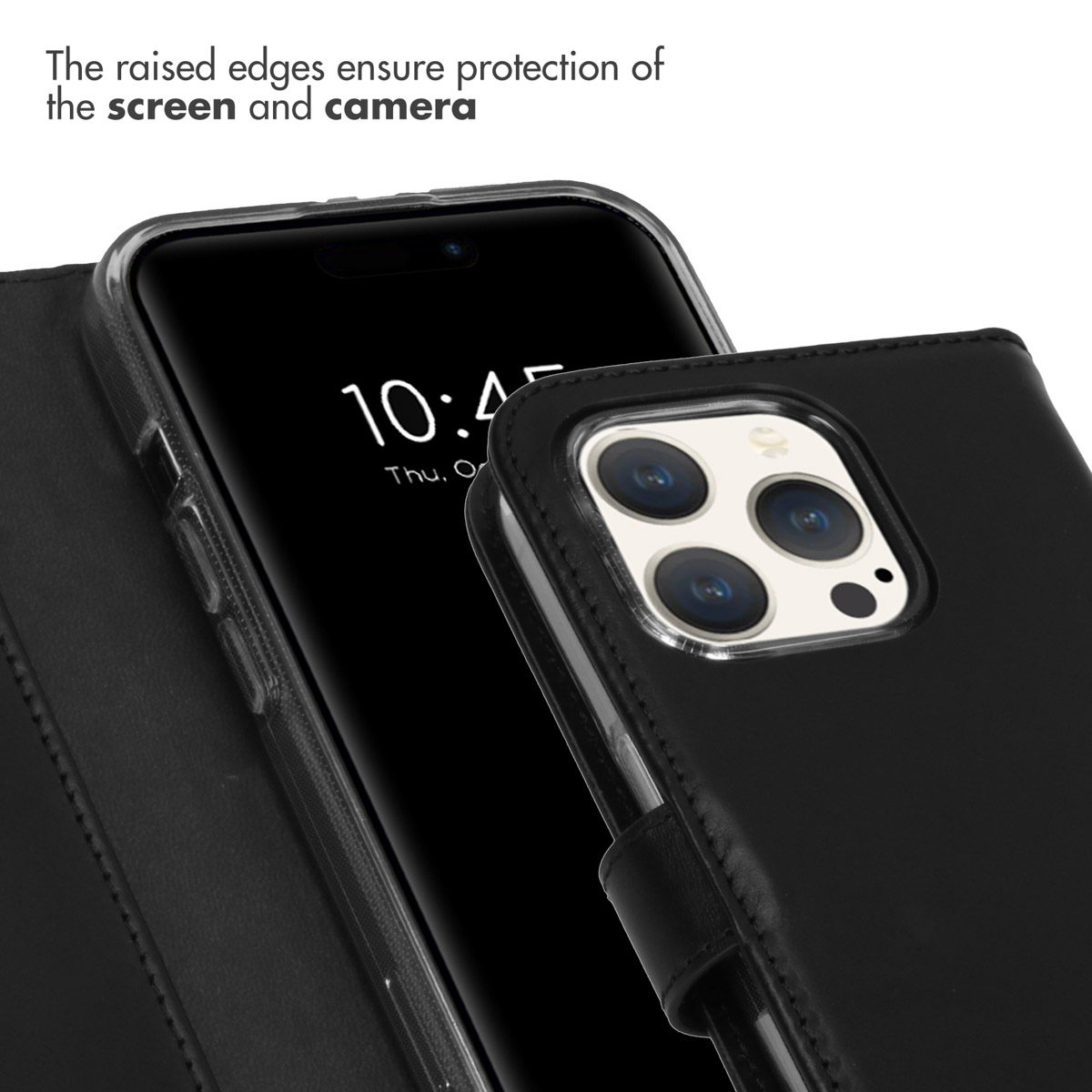 Erhöhte Ränder schützen Bildschirm und Kamera eines schwarzen Smartphones in Lederhülle.