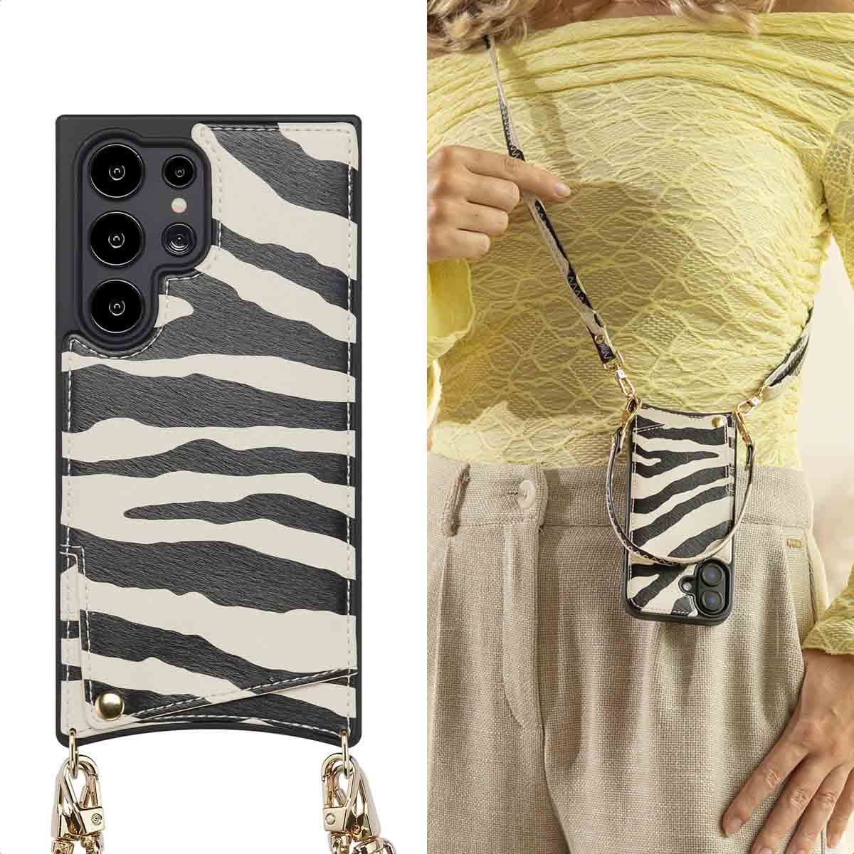 Una persona lleva una funda de teléfono con estampado de cebra y una correa cruzada.
