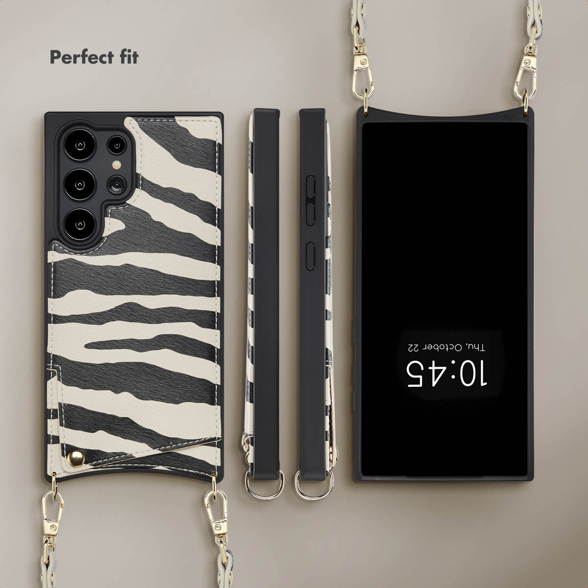 Funda de teléfono con patrón de cebra en blanco y negro con correa desde varios ángulos.